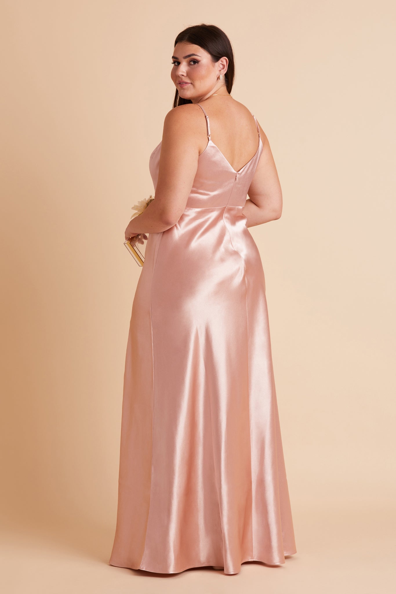 Jay plus size bridesmaid dress with slit in rose gold satin by Birdy Grey, back view