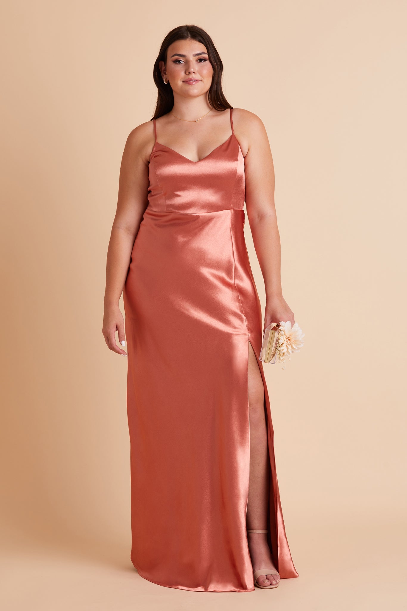 Jay plus size bridesmaid dress with slit in terracotta satin by Birdy Grey, front view