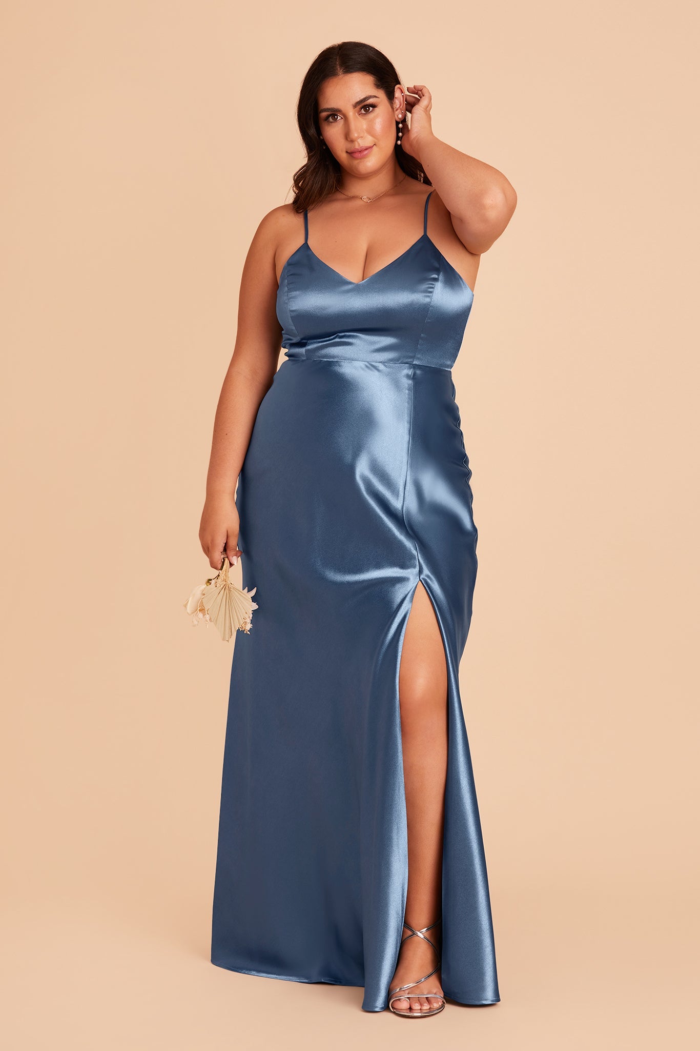 Jay plus size bridesmaid dress with slit in twilight satin by Birdy Grey, front view