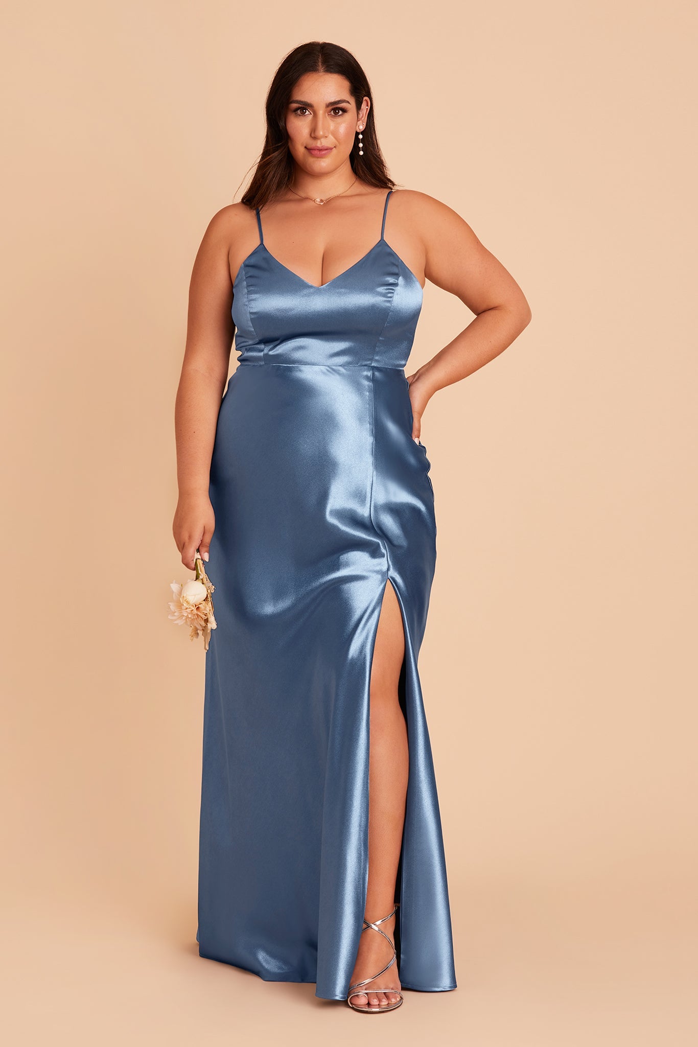 Jay plus size bridesmaid dress with slit in twilight satin by Birdy Grey, front view