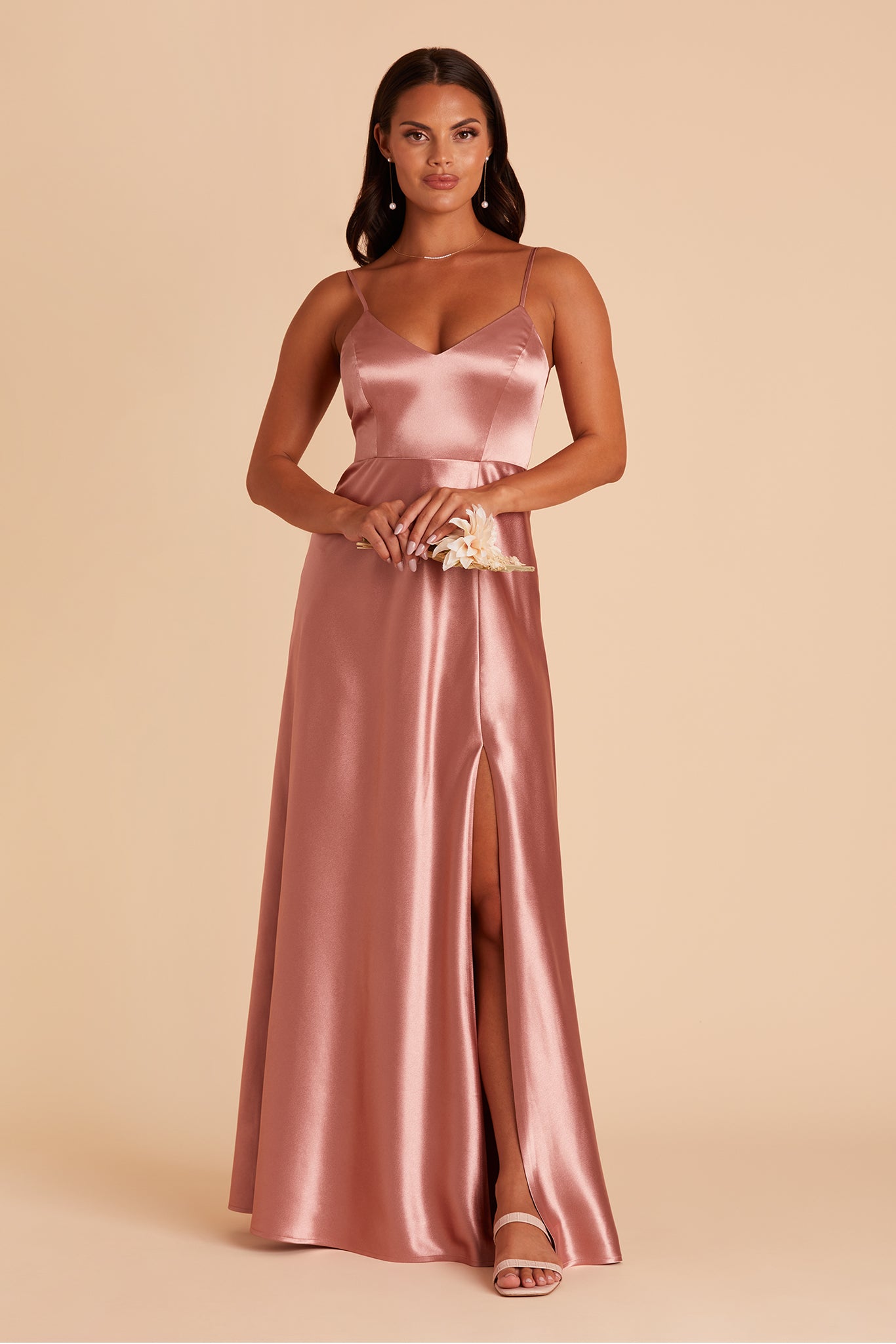 Jay bridesmaid dress with slit in Desert Rose satin by Birdy Grey, front view
