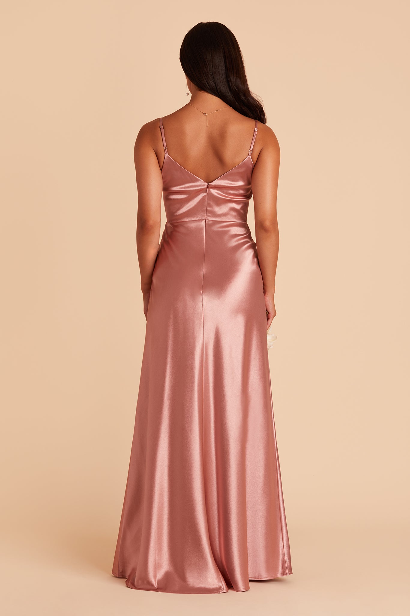 Jay bridesmaid dress with slit in Desert Rose satin by Birdy Grey, back view