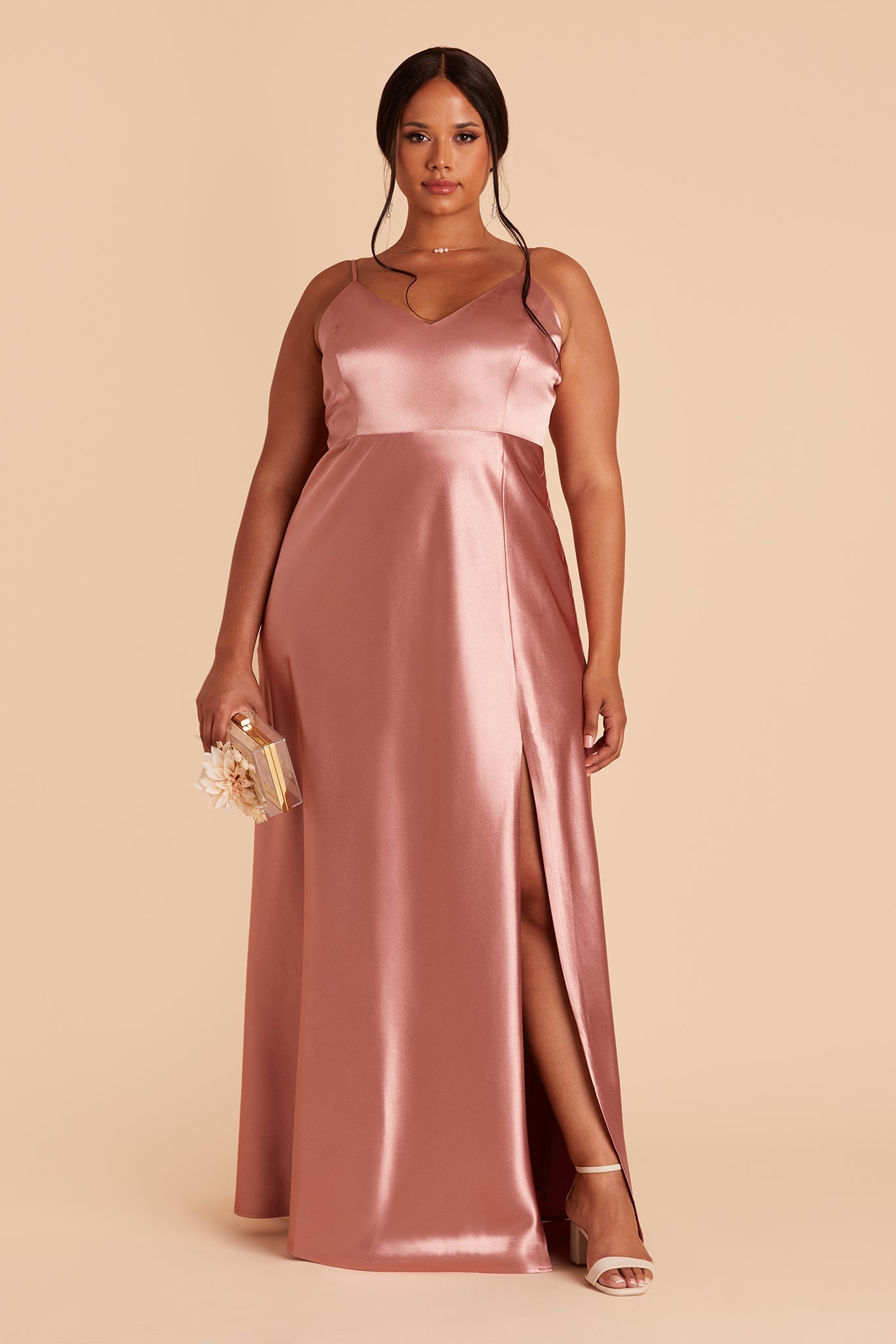 Jay plus size bridesmaid dress with slit in desert rose satin by Birdy Grey, front view