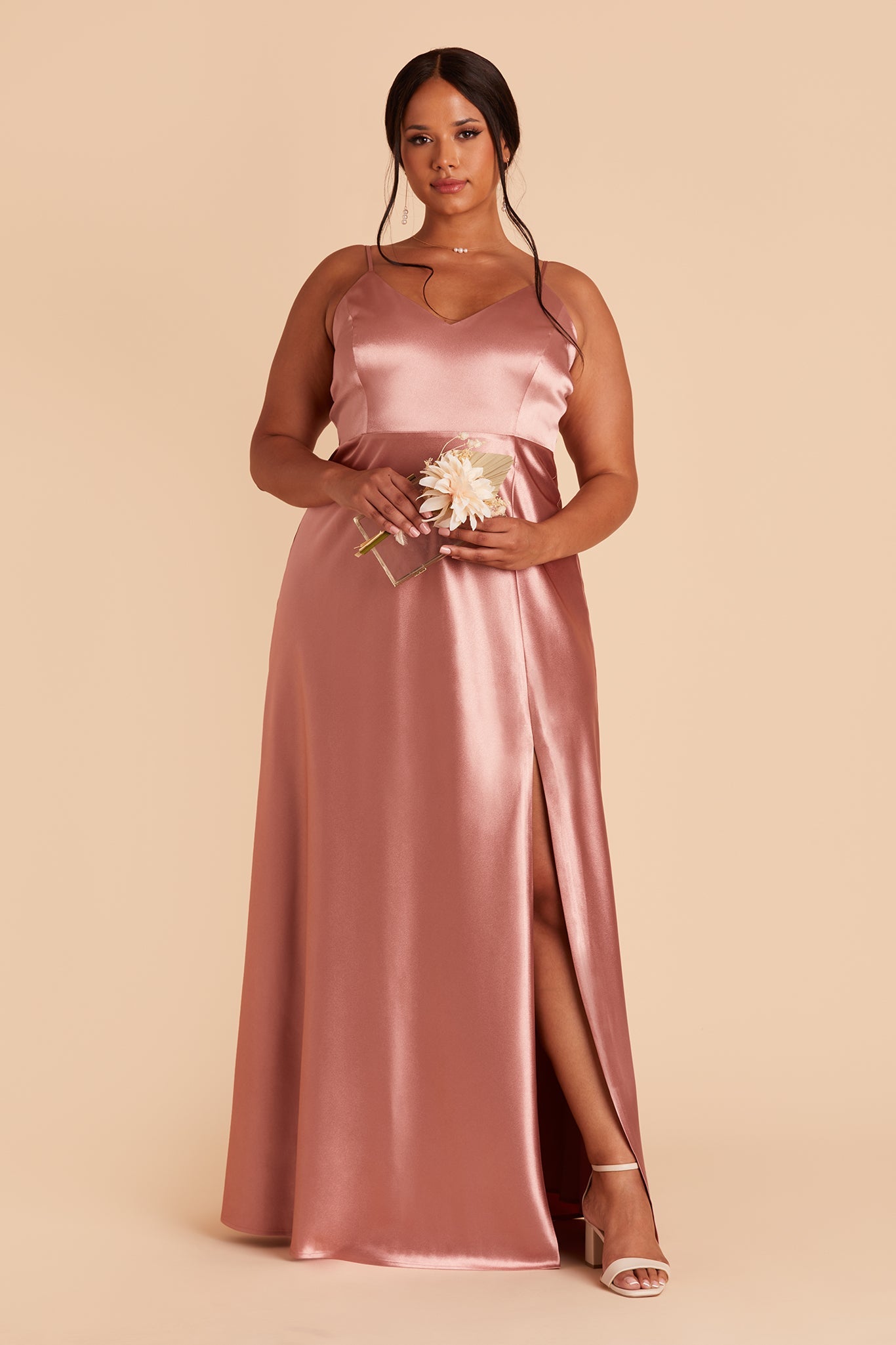 Jay plus size bridesmaid dress with slit in desert rose satin by Birdy Grey, front view
