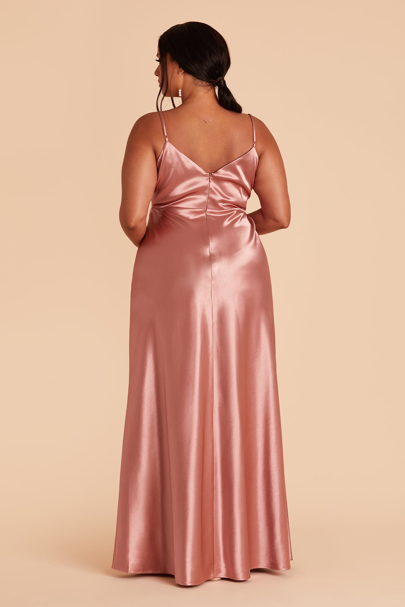 Jay plus size bridesmaid dress with slit in desert rose satin by Birdy Grey, back view