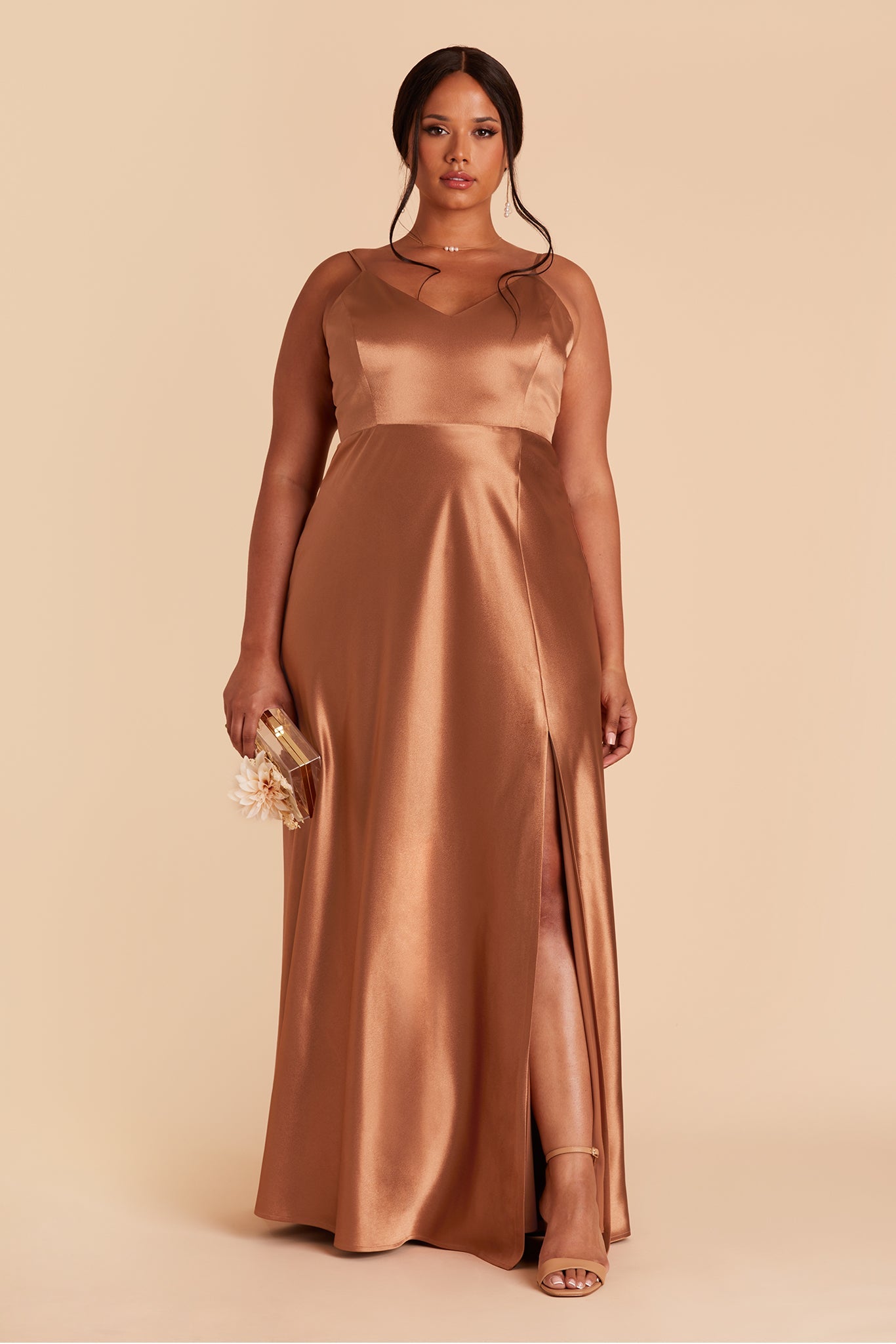 Jay plus size bridesmaid dress with slit in rust satin by Birdy Grey, front view