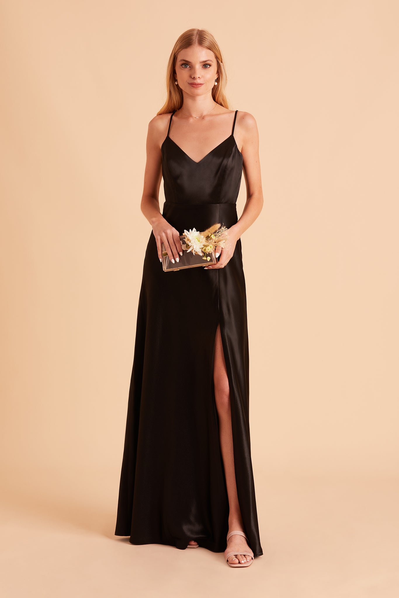 Jay bridesmaid dress with slit in black satin by Birdy Grey, front view