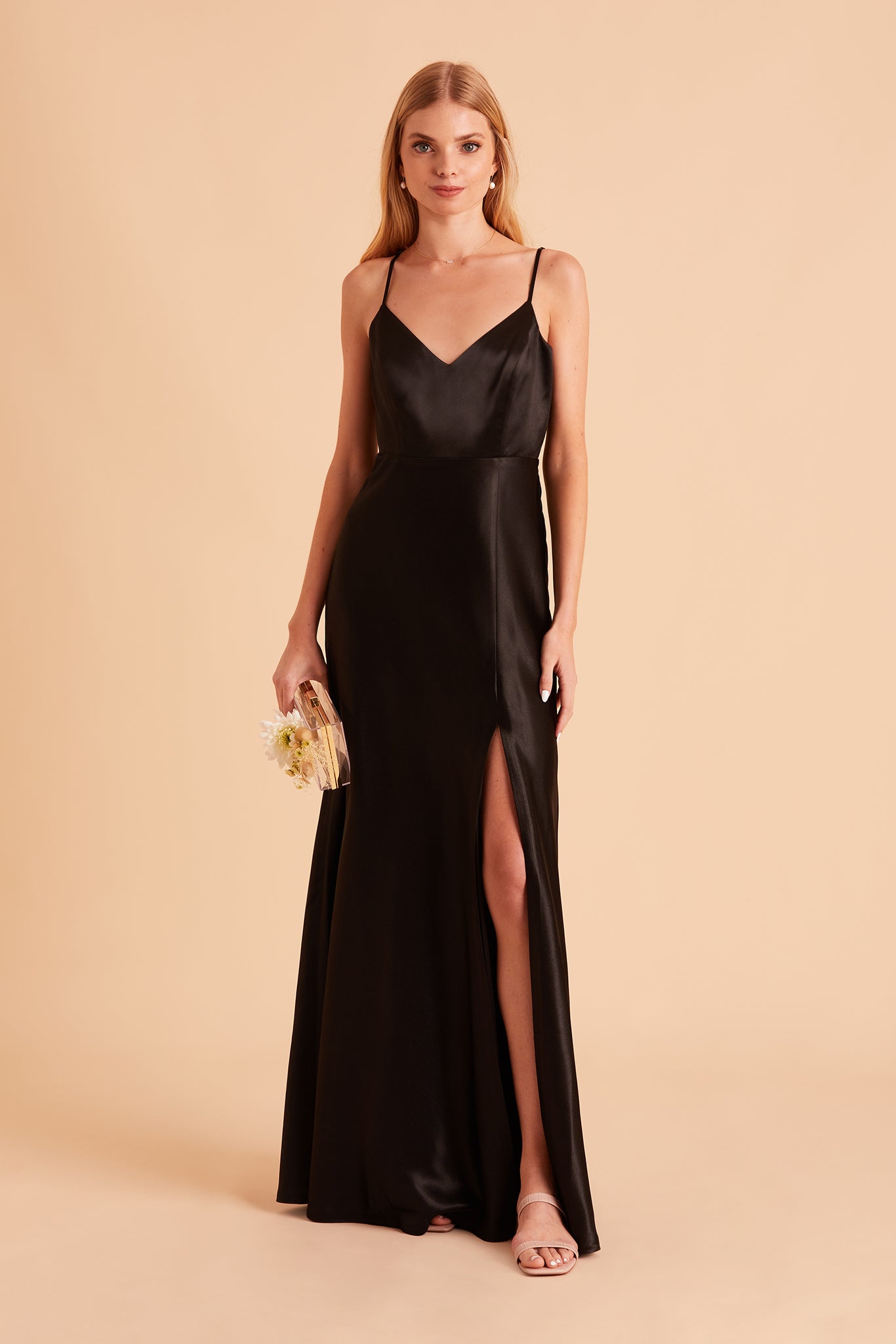 Jay bridesmaid dress with slit in black satin by Birdy Grey, front view