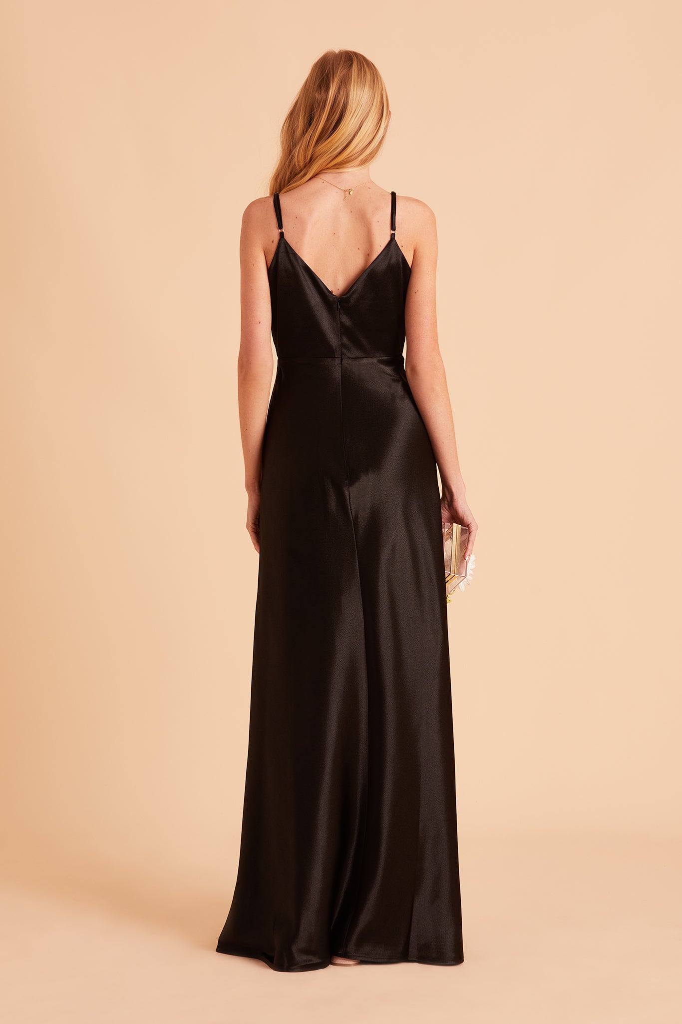 Jay bridesmaid dress with slit in black satin by Birdy Grey, back view
