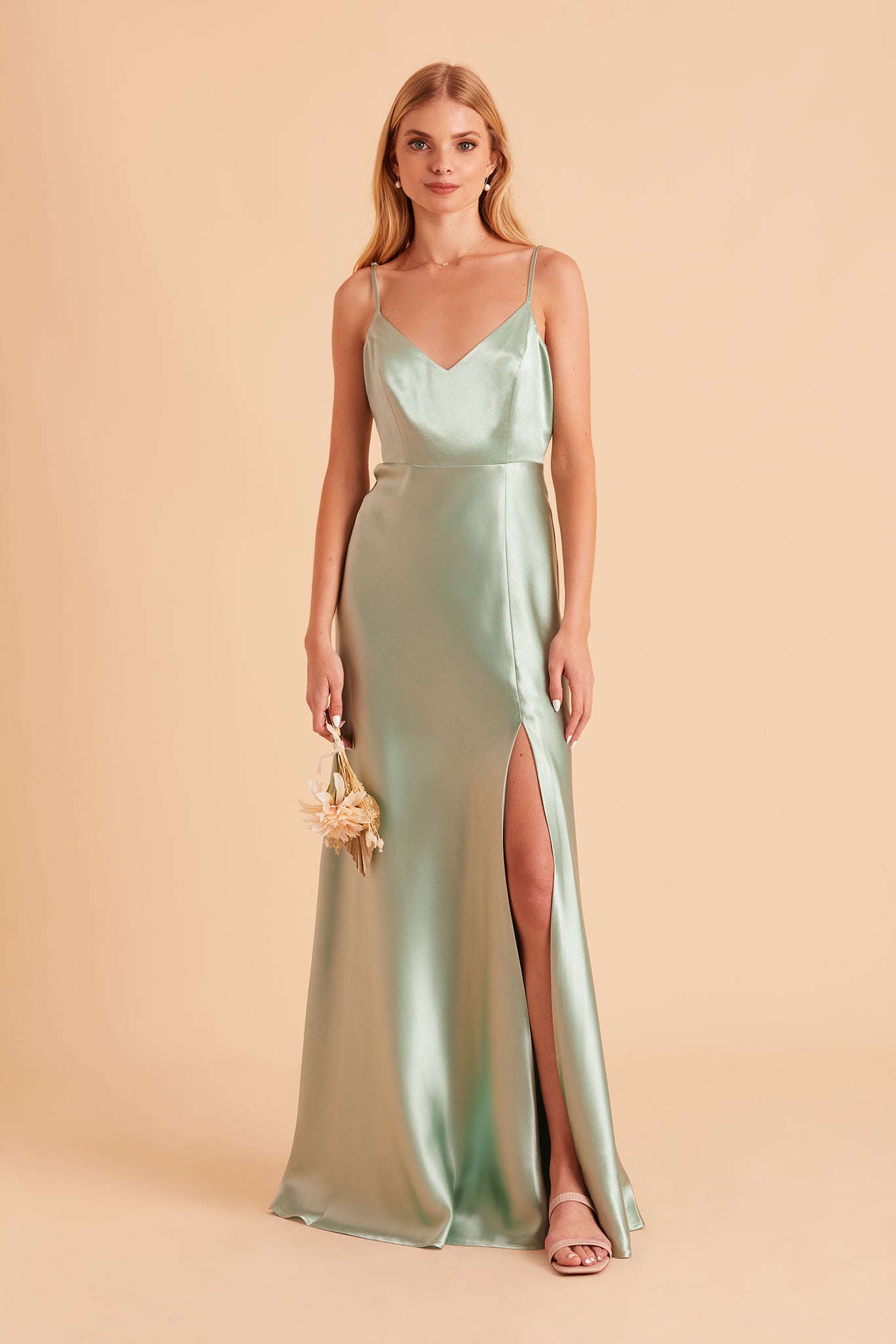 Jay bridesmaid dress with slit in sage green satin by Birdy Grey, front view