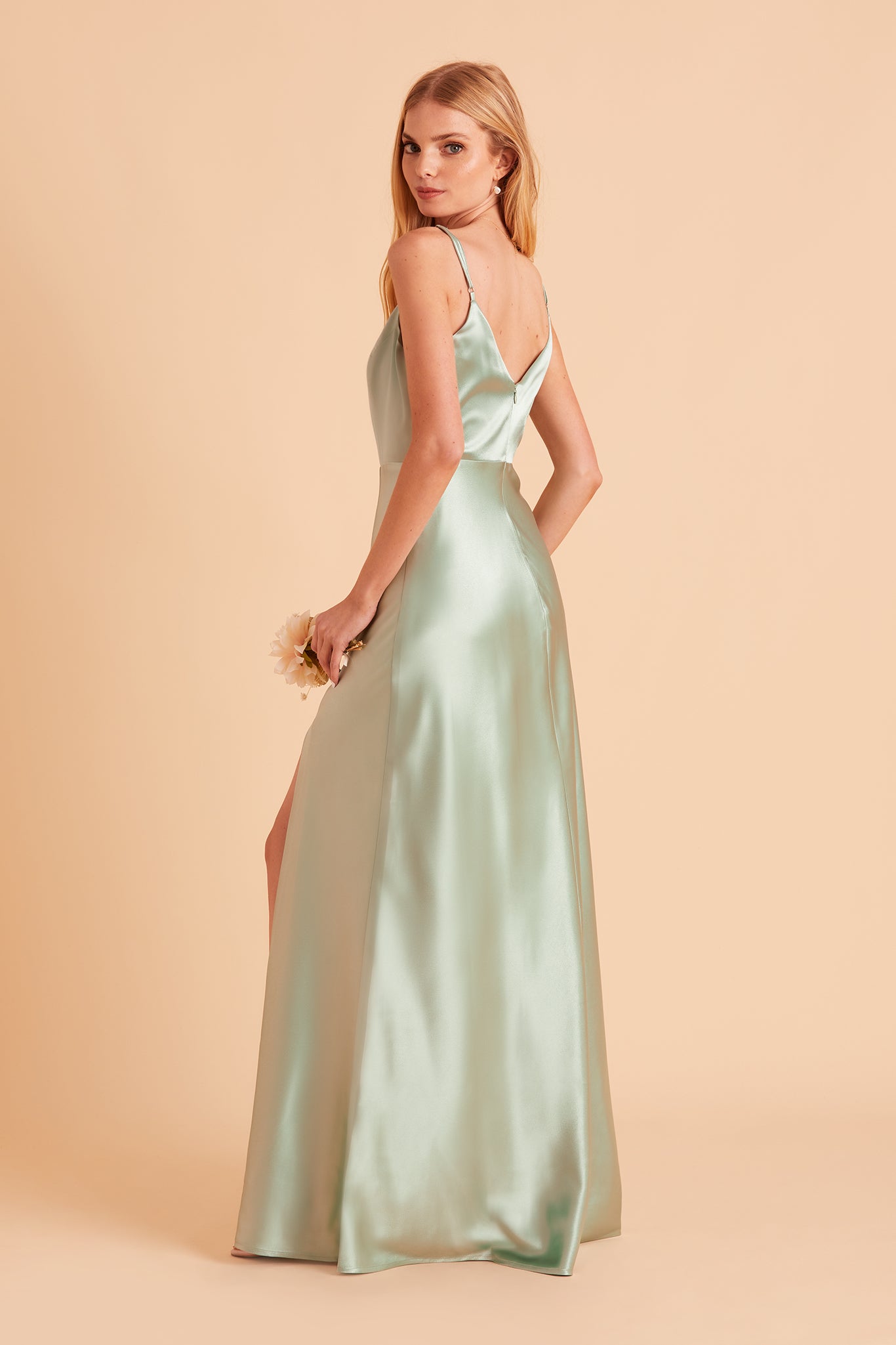 Jay bridesmaid dress with slit in sage green satin by Birdy Grey, side view