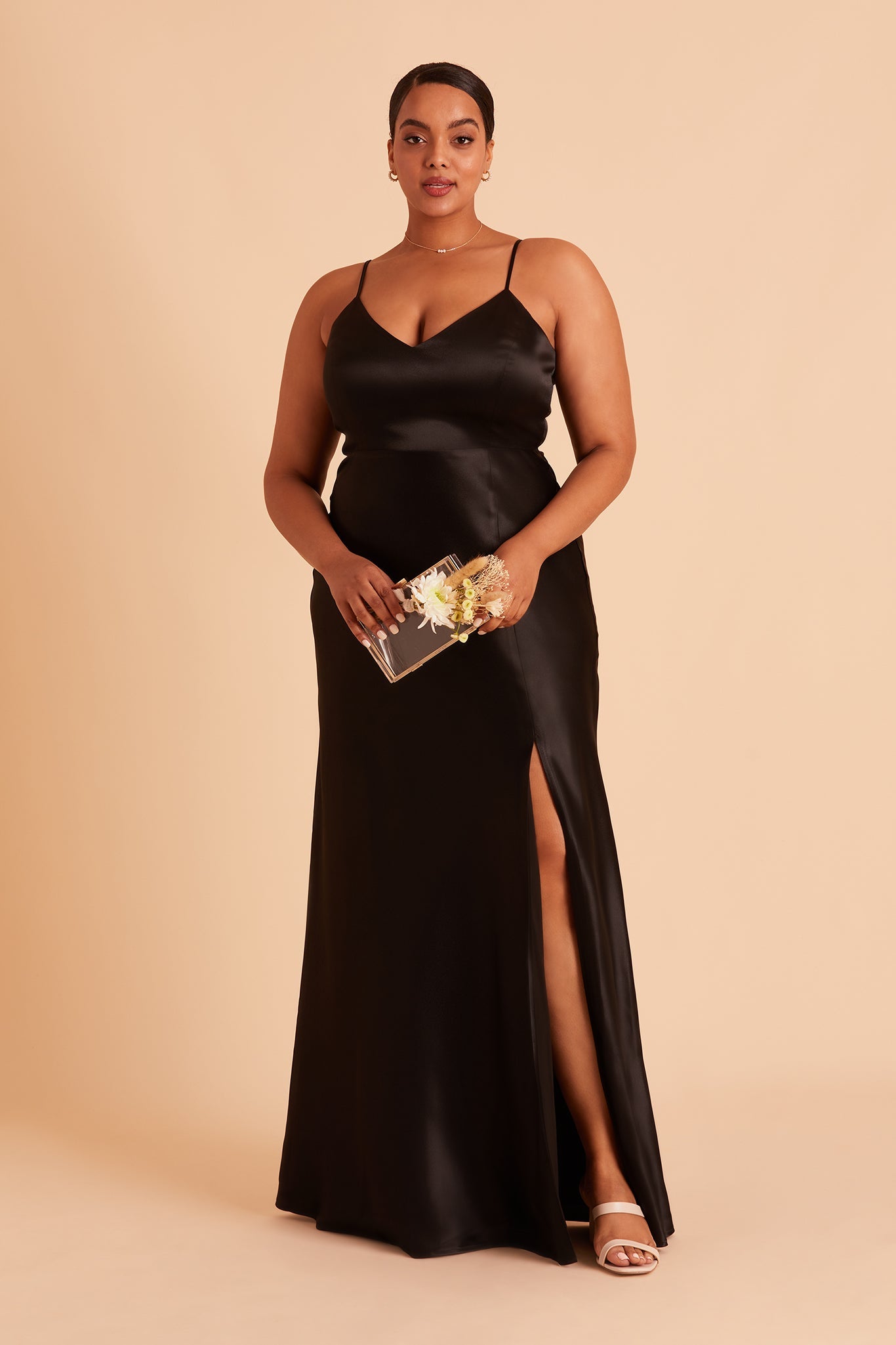 Jay plus size bridesmaid dress with slit in black satin by Birdy Grey, front view
