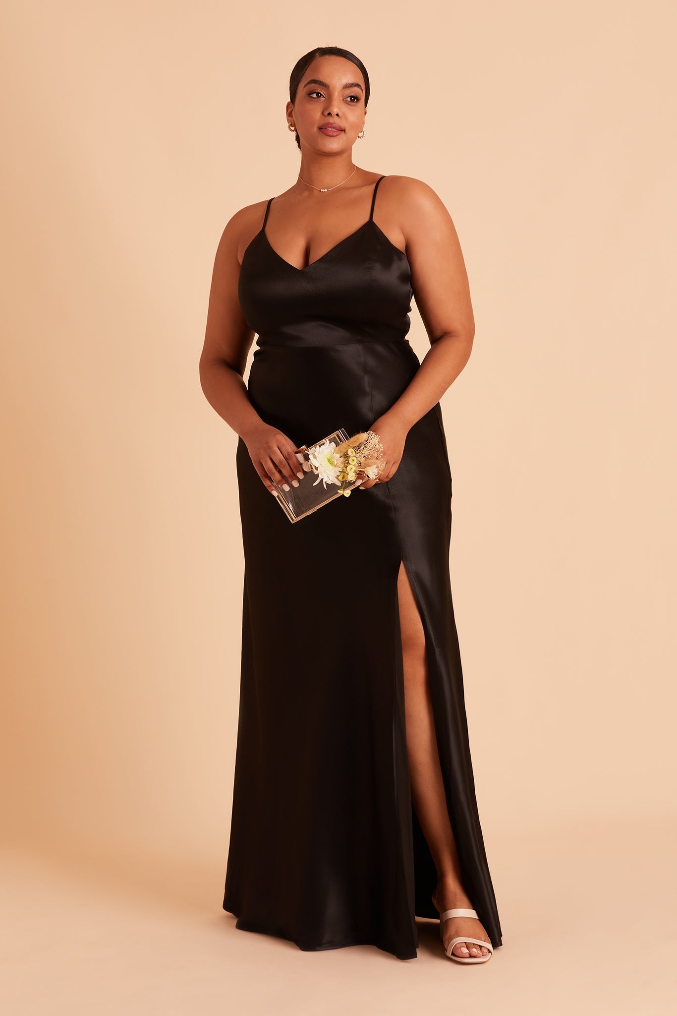 Jay plus size bridesmaid dress with slit in black satin by Birdy Grey, front view