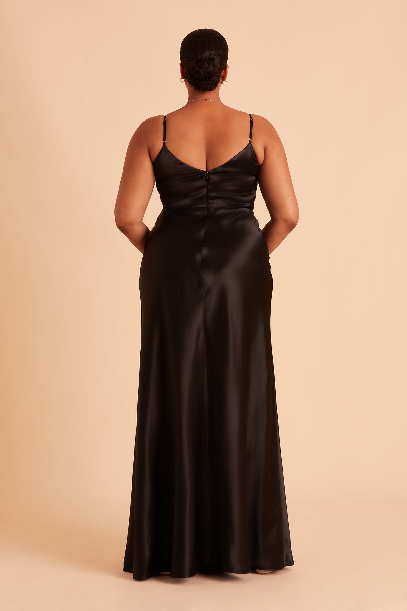 Jay plus size bridesmaid dress with slit in black satin by Birdy Grey, back view