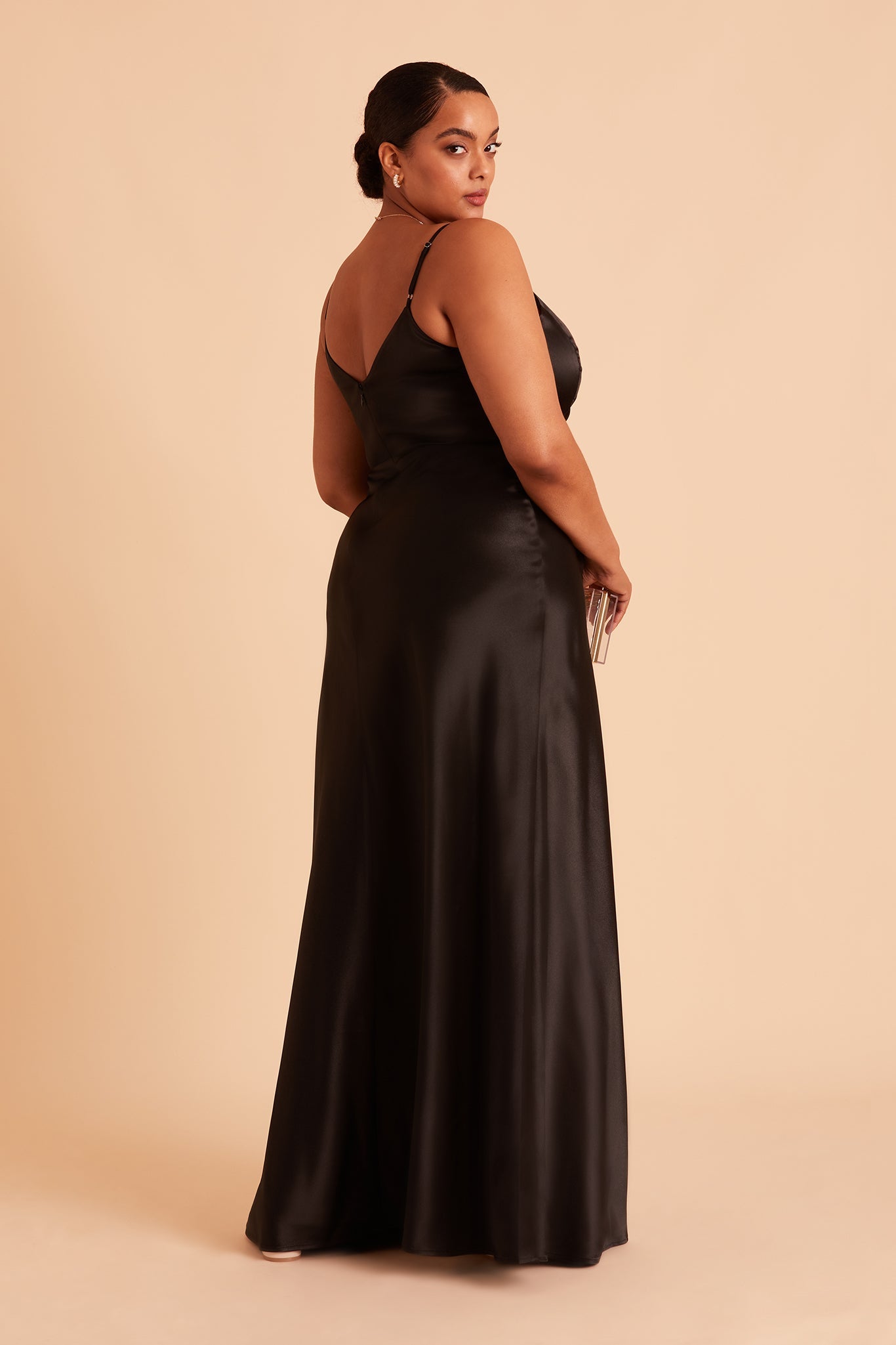 Jay plus size bridesmaid dress with slit in black satin by Birdy Grey, side view