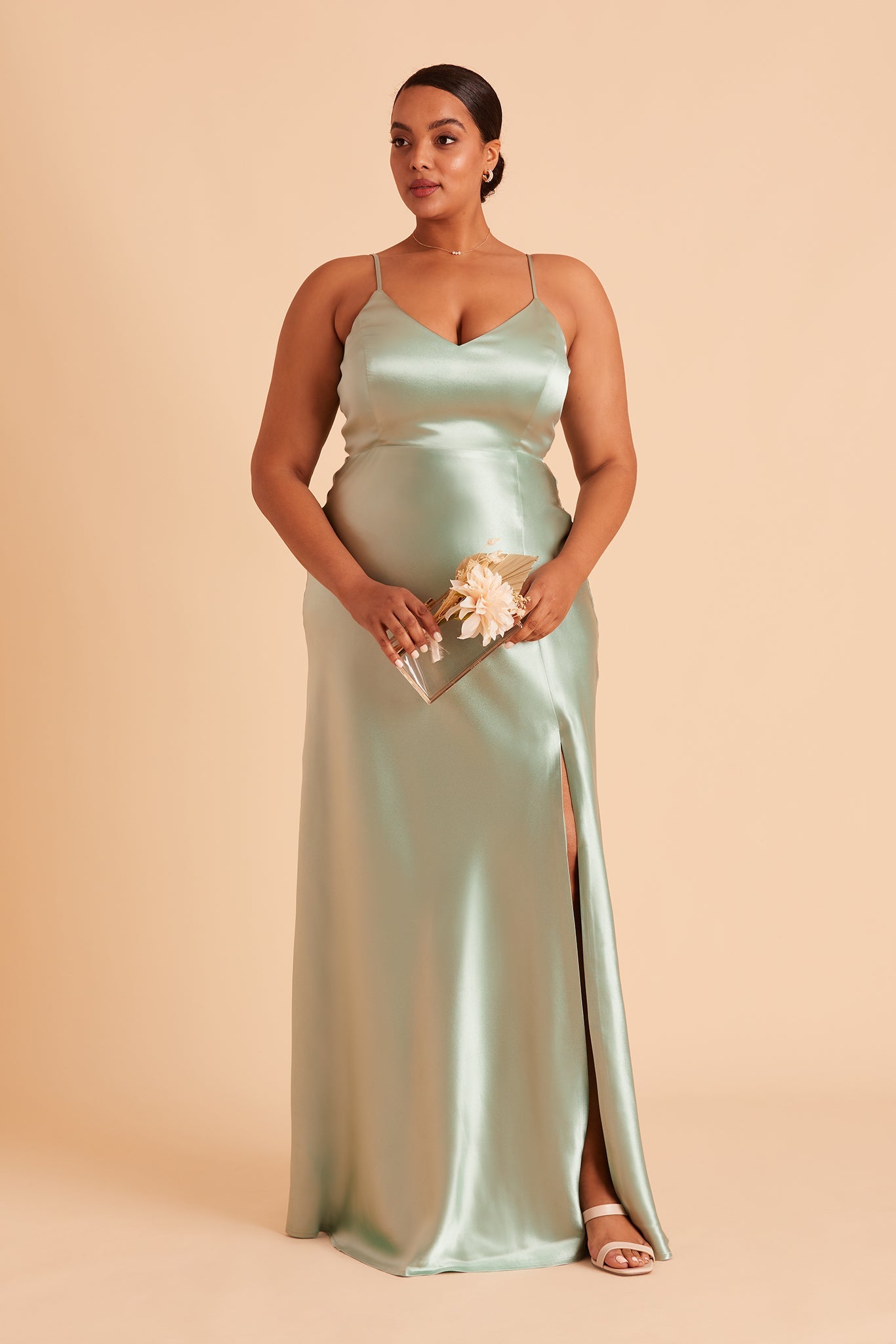 Jay plus size bridesmaid dress with slit in sage green satin by Birdy Grey, front view