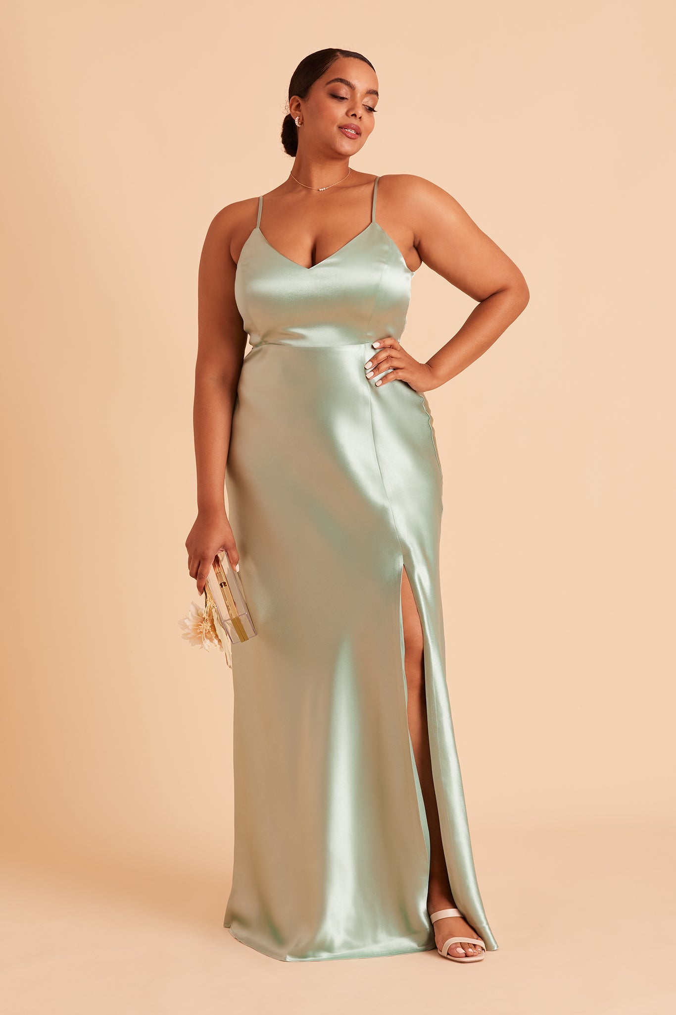 Jay plus size bridesmaid dress with slit in sage green satin by Birdy Grey, front view