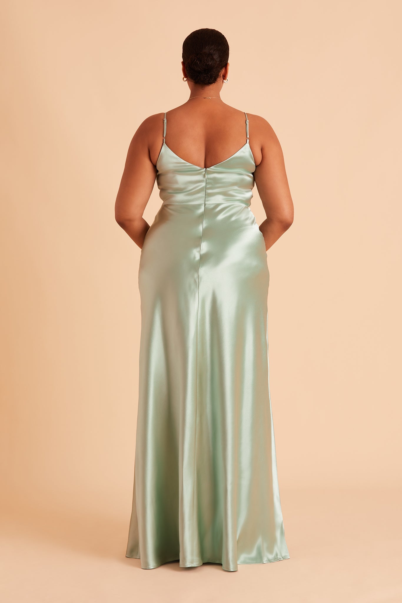 Jay plus size bridesmaid dress with slit in sage green satin by Birdy Grey, back view