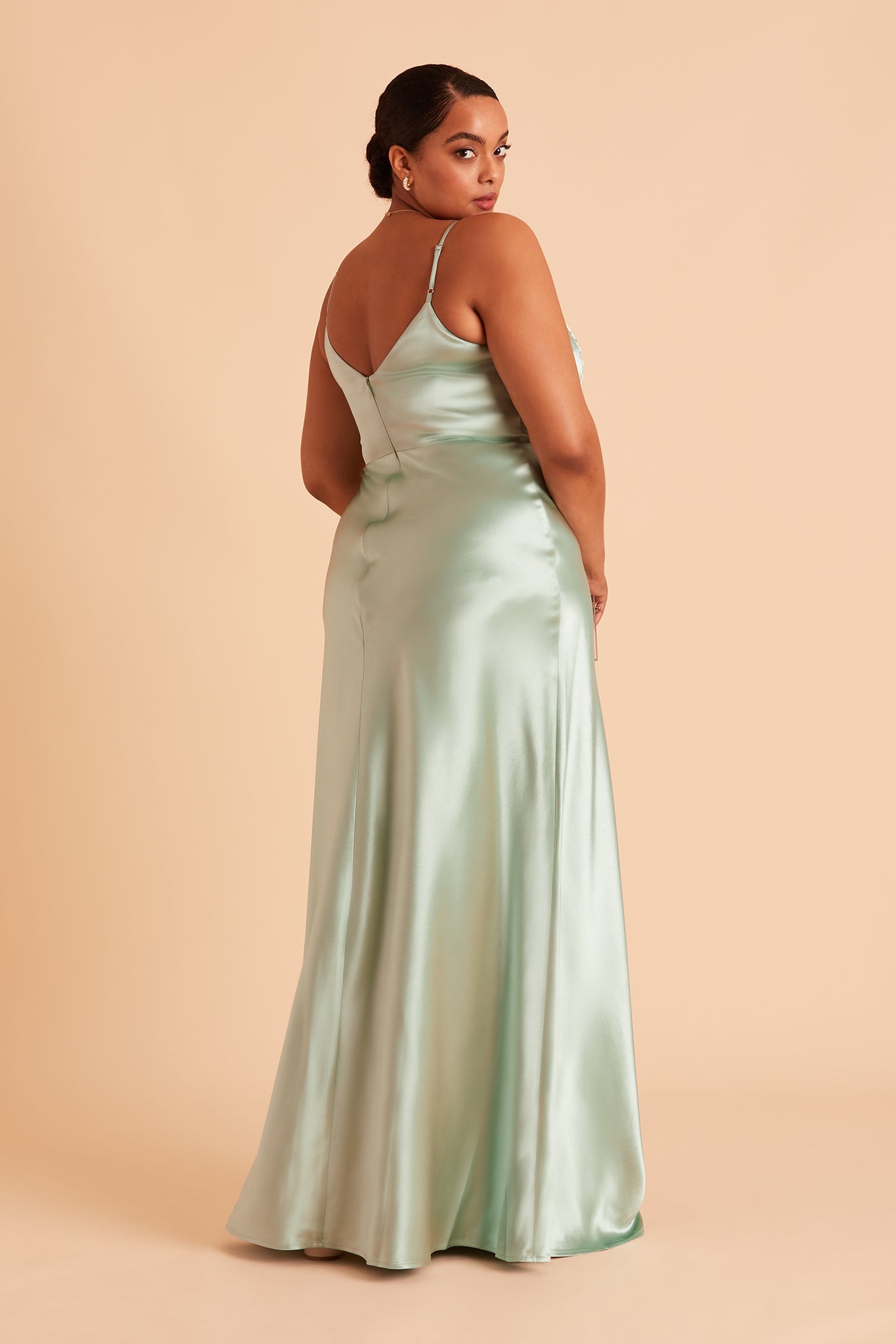 Jay plus size bridesmaid dress with slit in sage green satin by Birdy Grey, side view