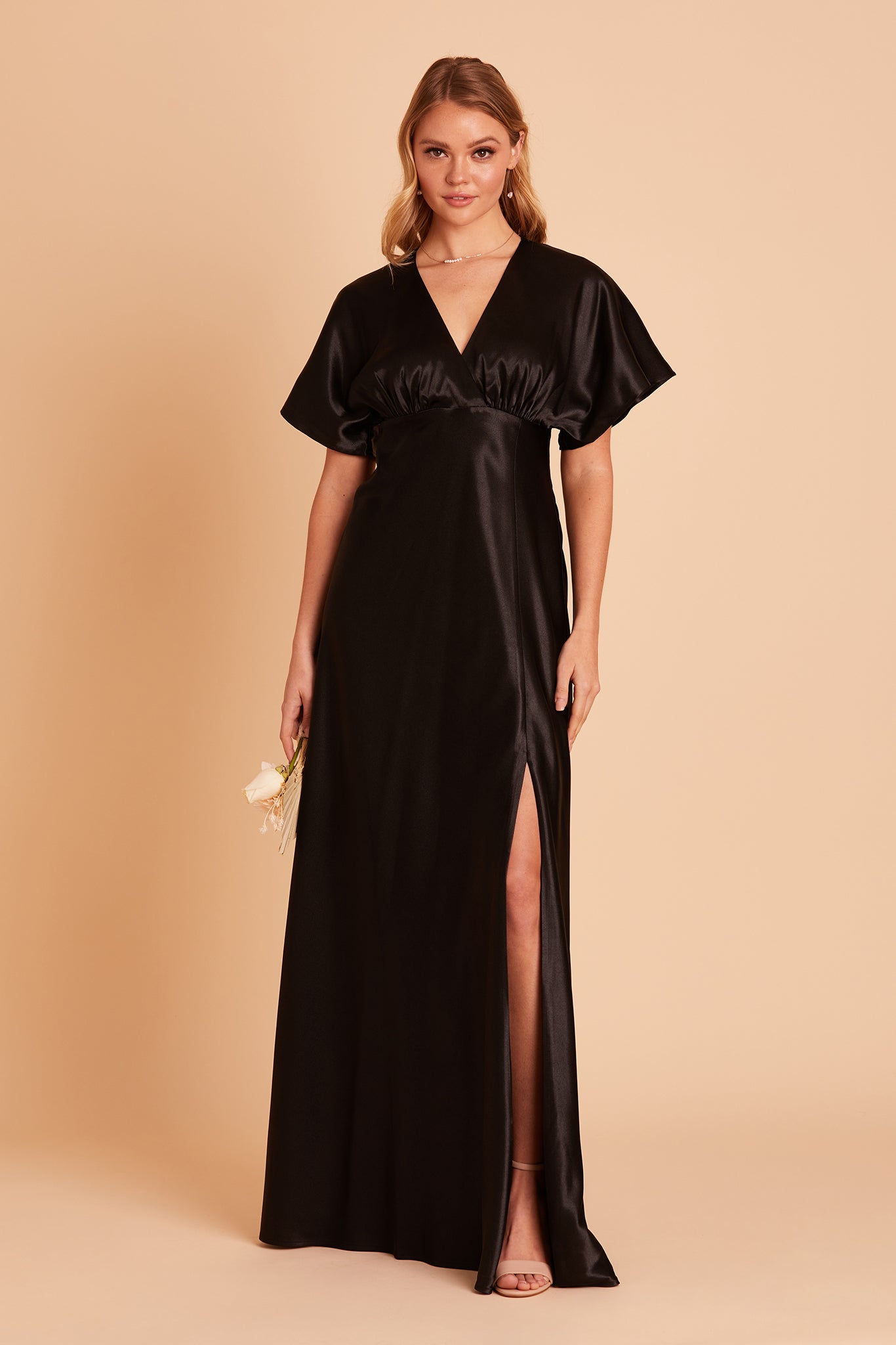 Jesse bridesmaid dress with slit in black satin by Birdy Grey, front view