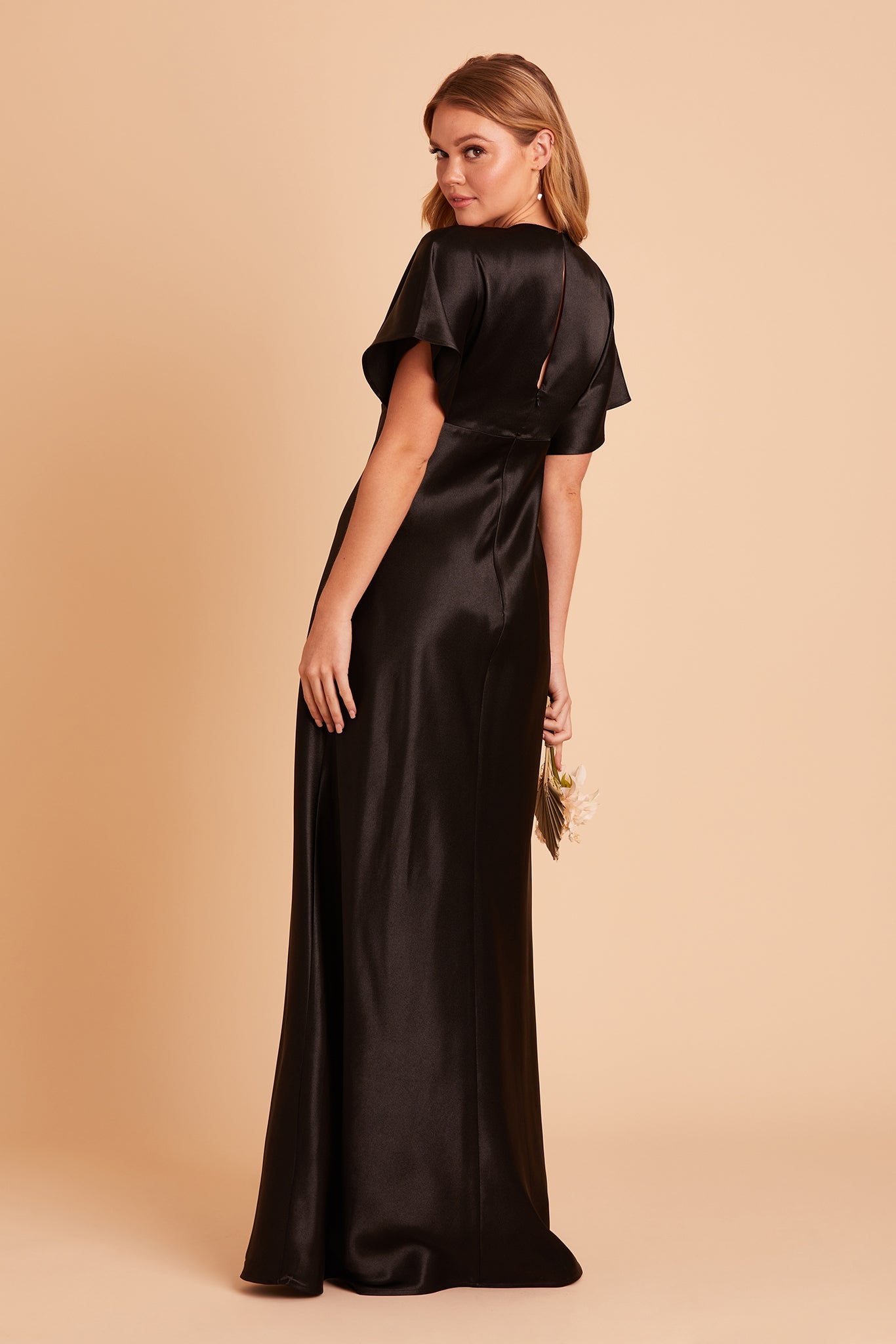 Jesse bridesmaid dress with slit in black satin by Birdy Grey, back view