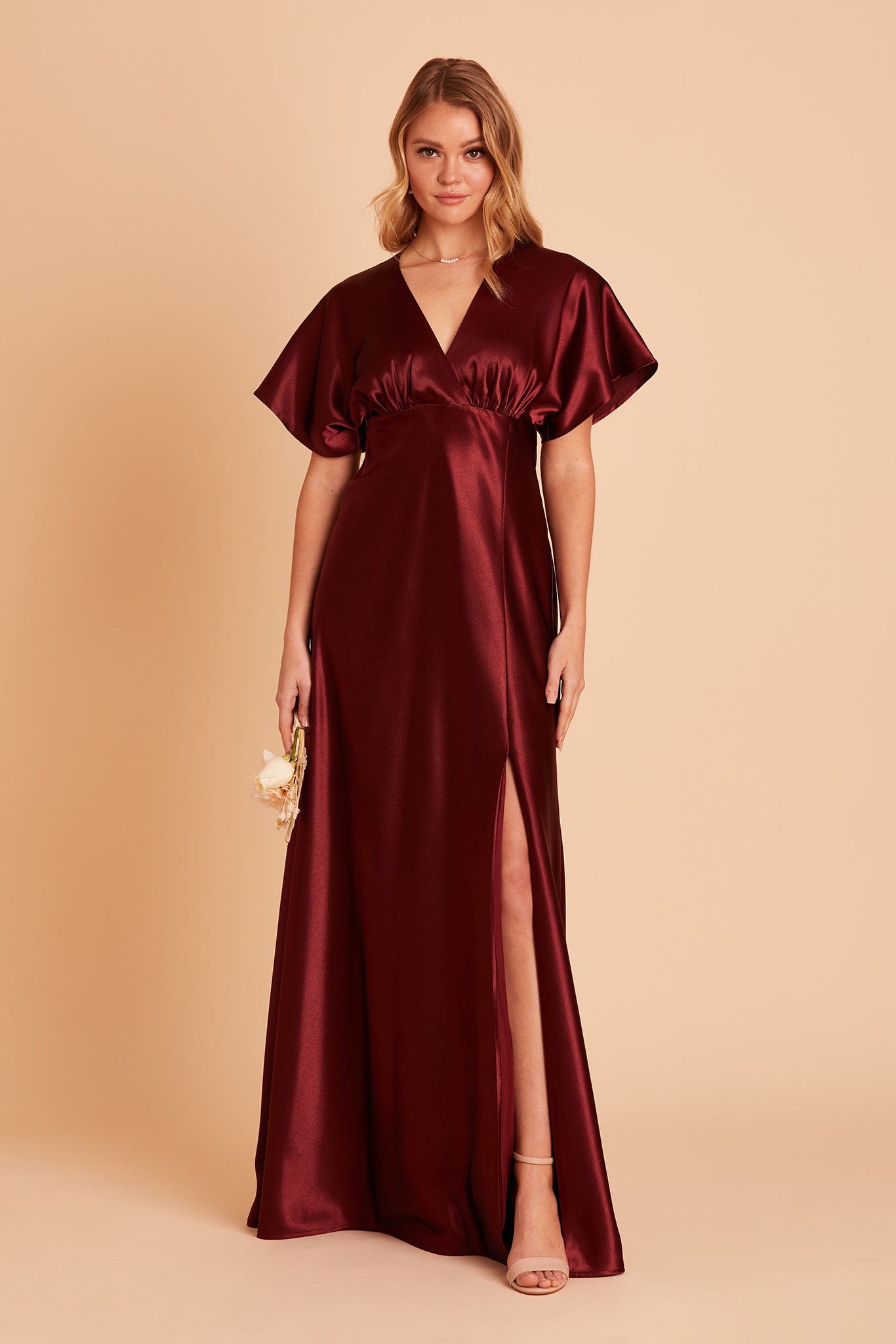 Jesse bridesmaid dress with slit in cabernet satin by Birdy Grey, front view
