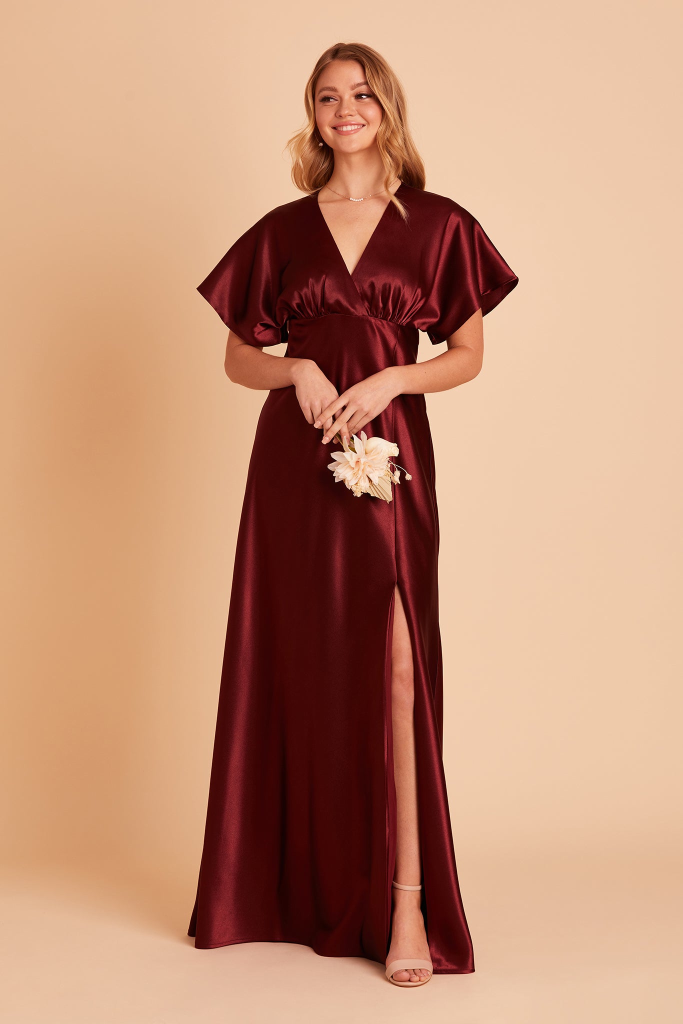 Jesse bridesmaid dress with slit in cabernet satin by Birdy Grey, front view