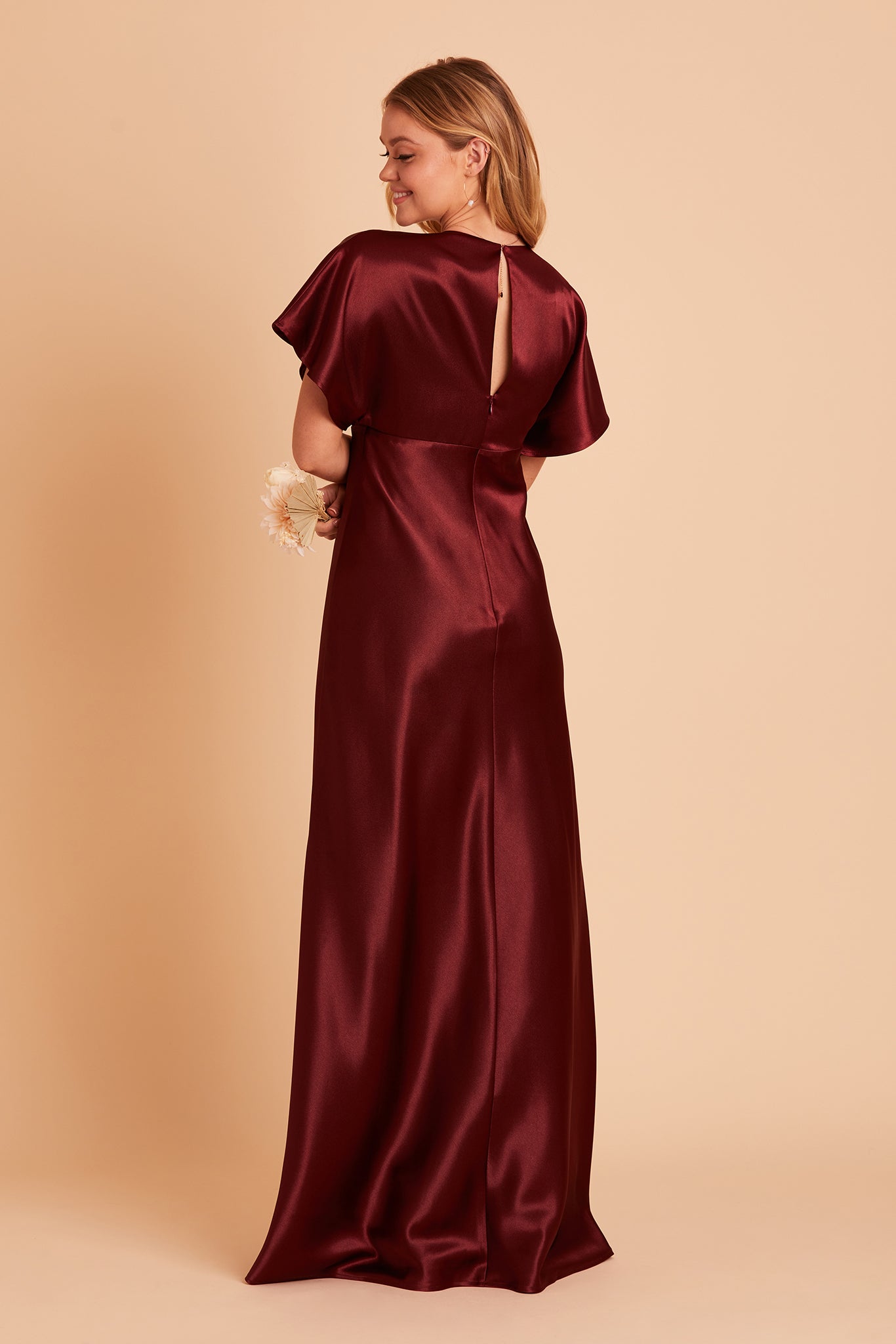 Jesse bridesmaid dress with slit in cabernet satin by Birdy Grey, back view