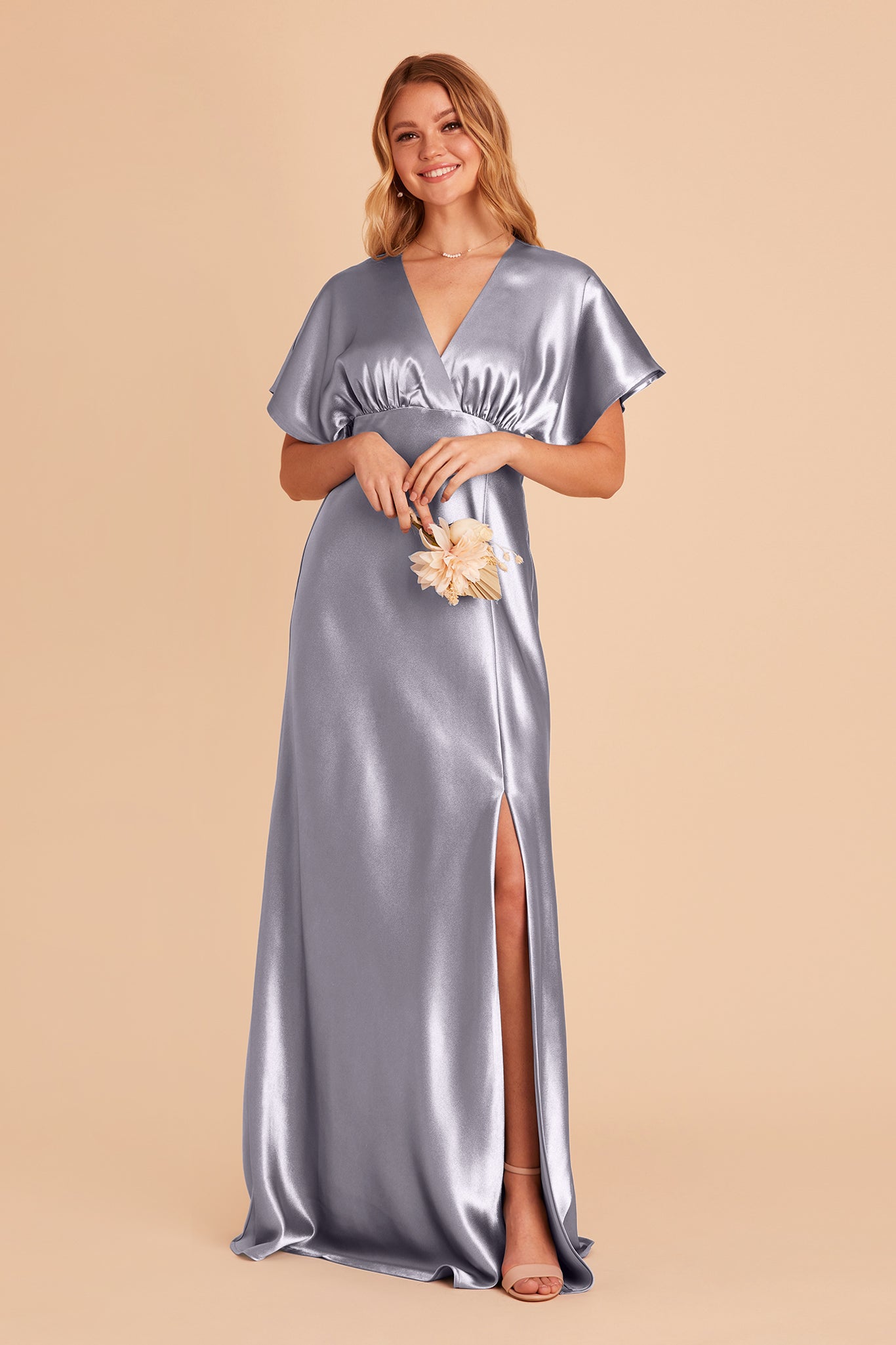 Jesse bridesmaid dress with slit in dusty blue satin by Birdy Grey, front view