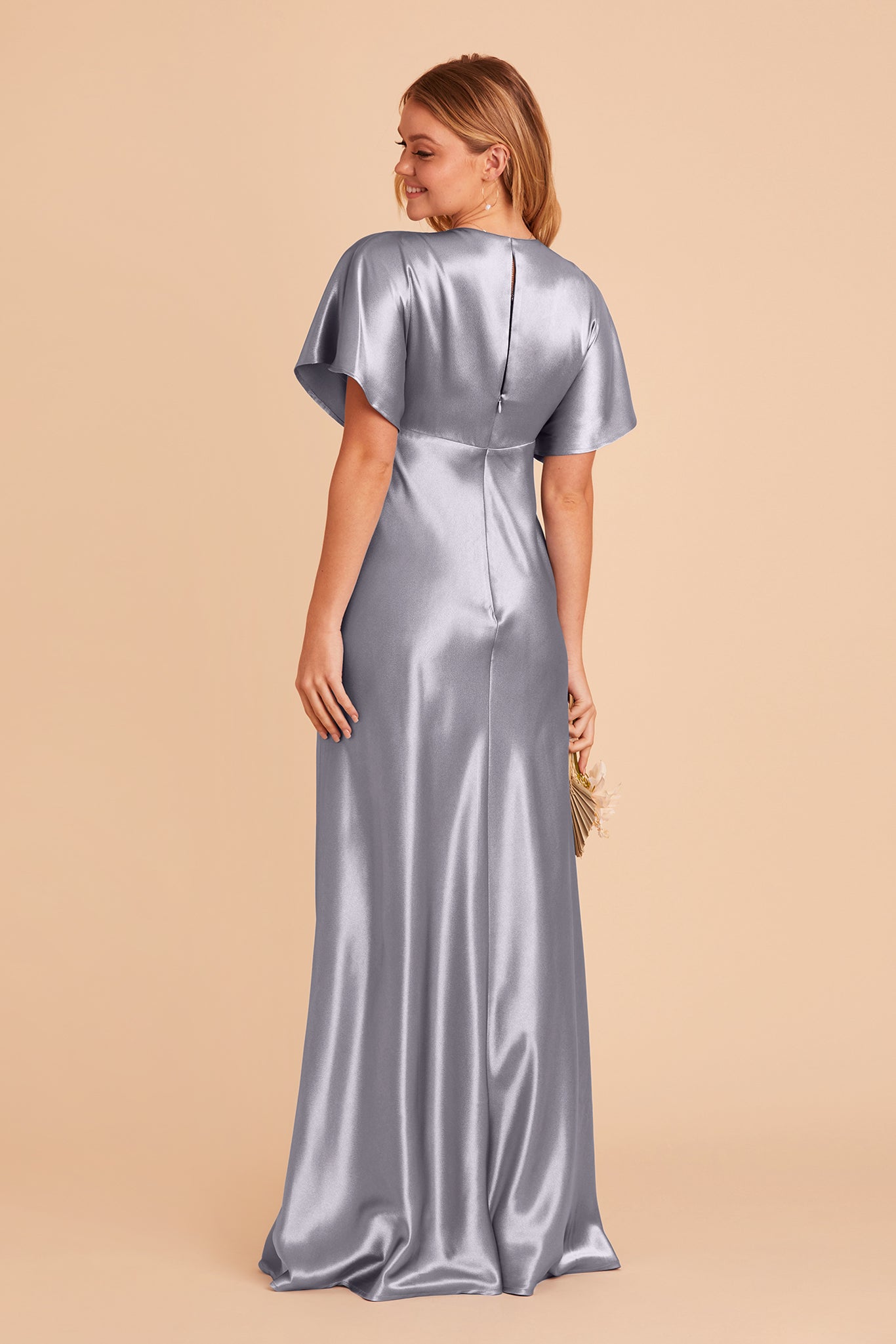 Jesse bridesmaid dress with slit in dusty blue satin by Birdy Grey, back view
