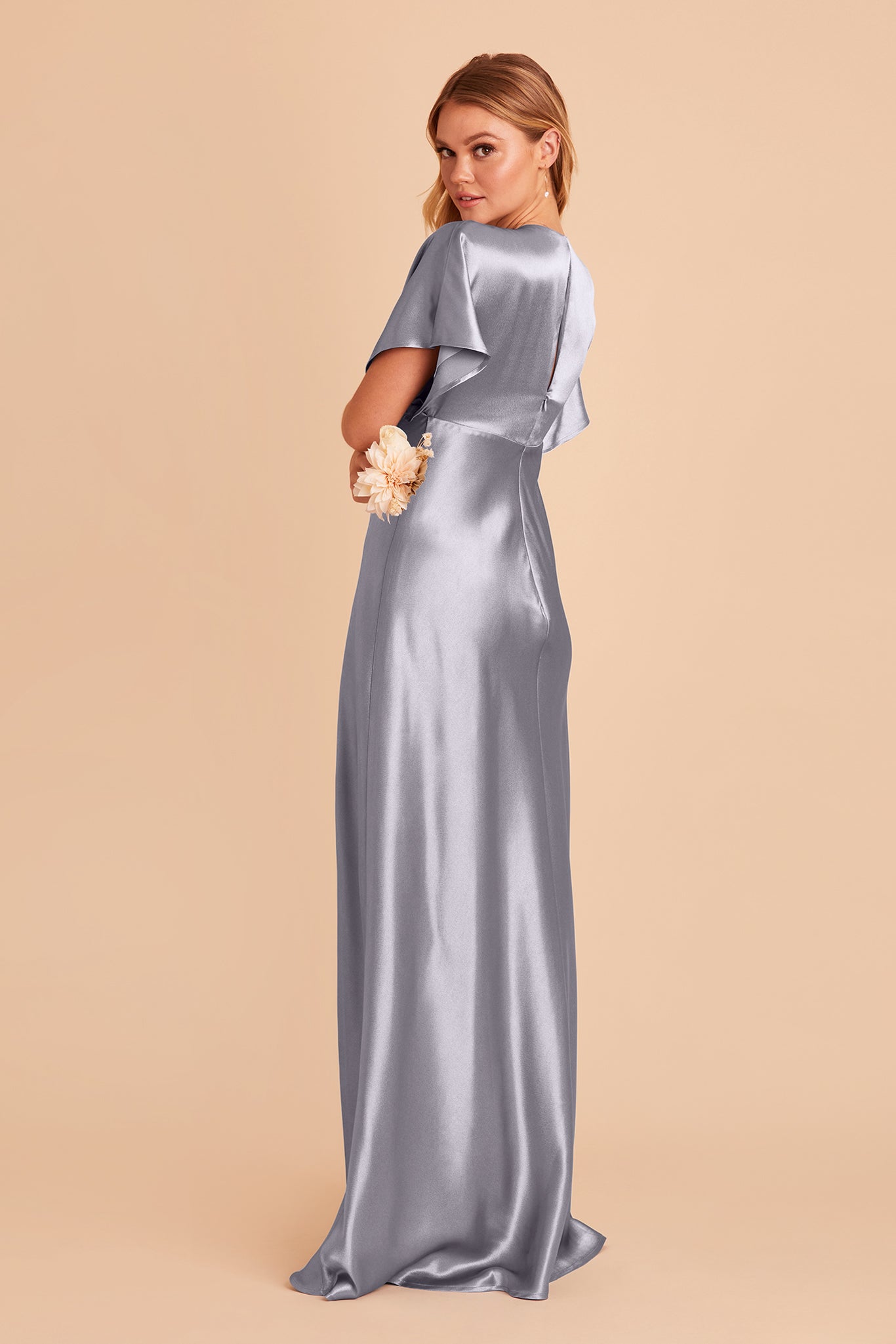 Jesse bridesmaid dress with slit in dusty blue satin by Birdy Grey, side view