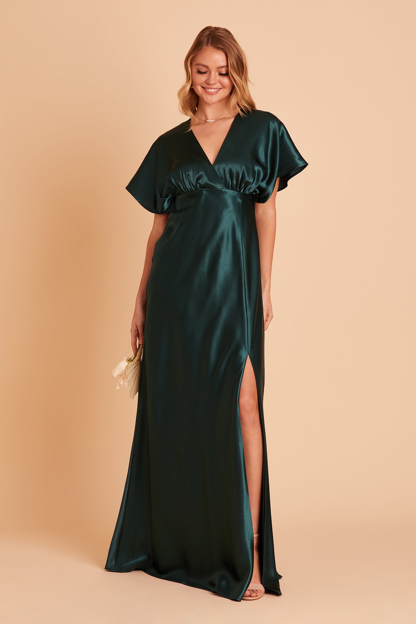 Jesse bridesmaid dress with slit in emerald satin by Birdy Grey, front view