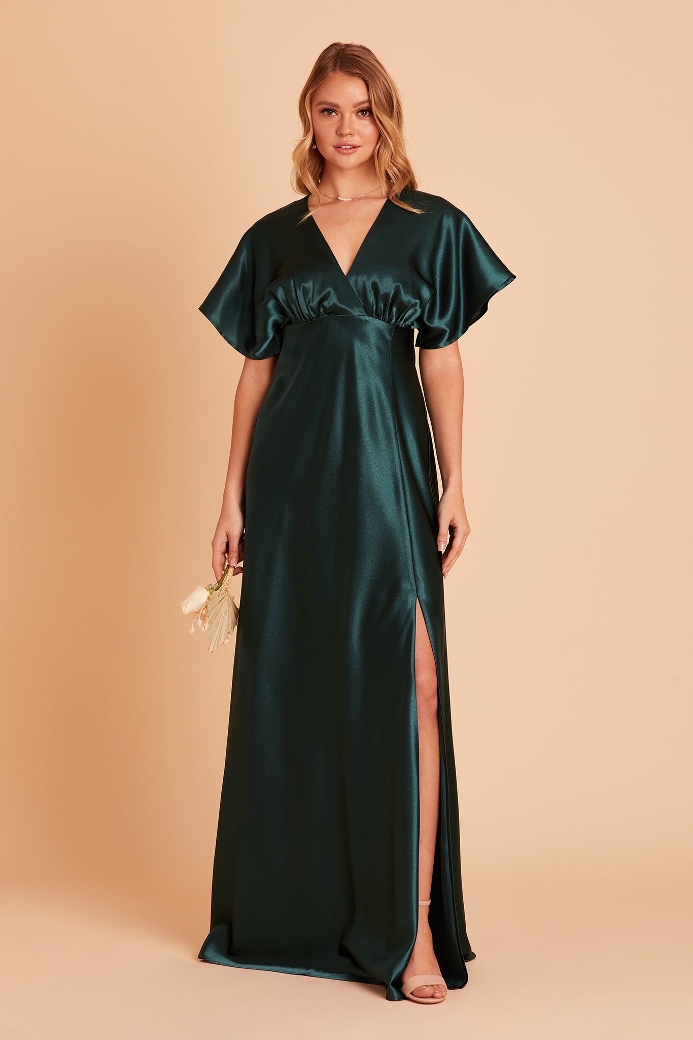 Jesse bridesmaid dress with slit in emerald satin by Birdy Grey, front view