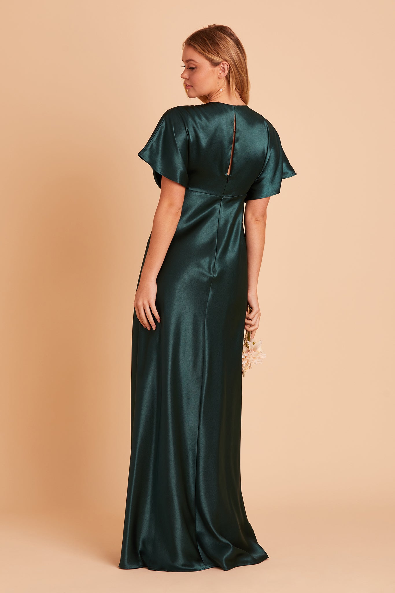 Jesse bridesmaid dress with slit in emerald satin by Birdy Grey, back view