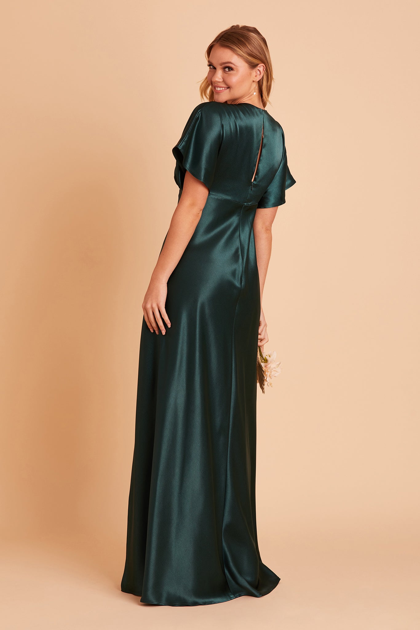 Jesse bridesmaid dress with slit in emerald satin by Birdy Grey, back view