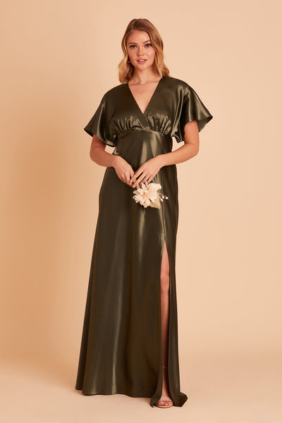 Jesse bridesmaid dress with slit in olive satin by Birdy Grey, front view