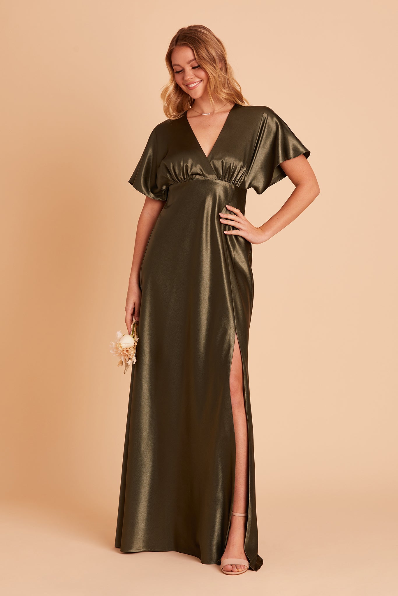 Jesse bridesmaid dress with slit in olive satin by Birdy Grey, front view