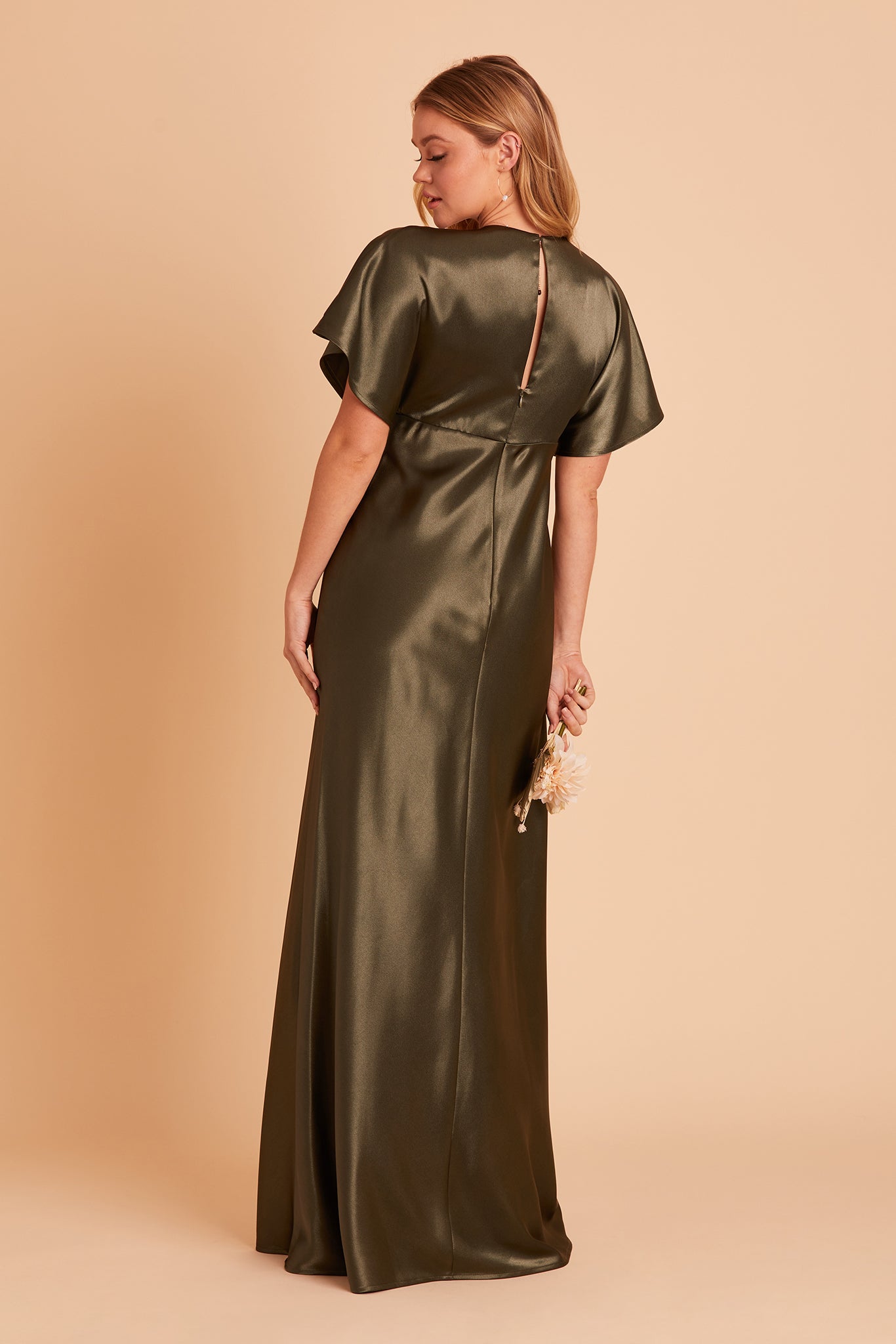 Jesse bridesmaid dress with slit in olive satin by Birdy Grey, back view