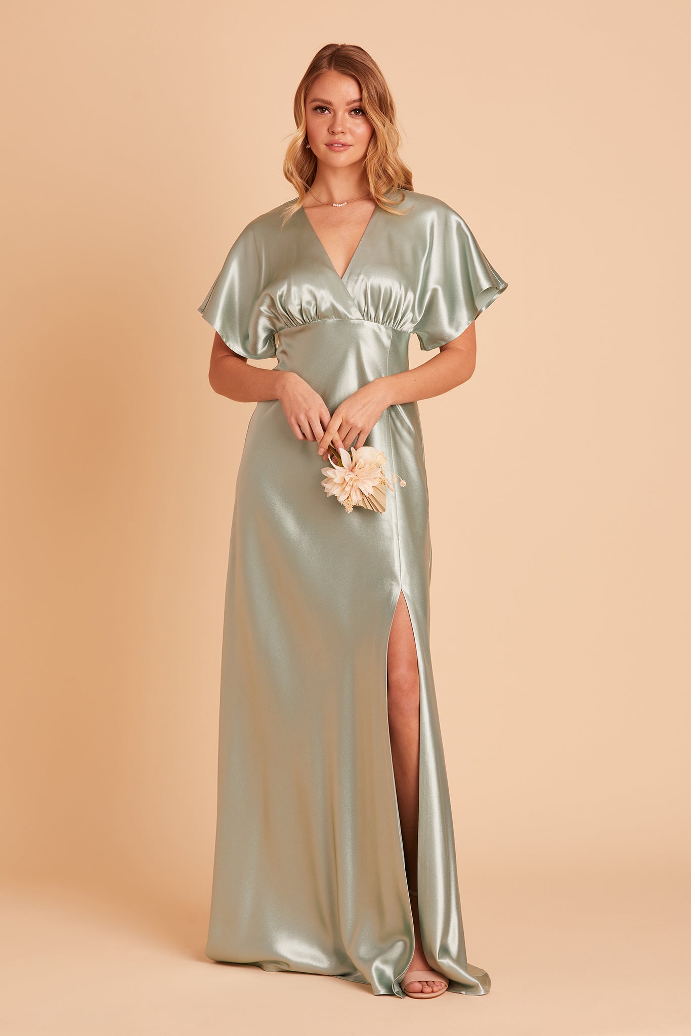 Jesse bridesmaid dress with slit in sage satin by Birdy Grey, front view