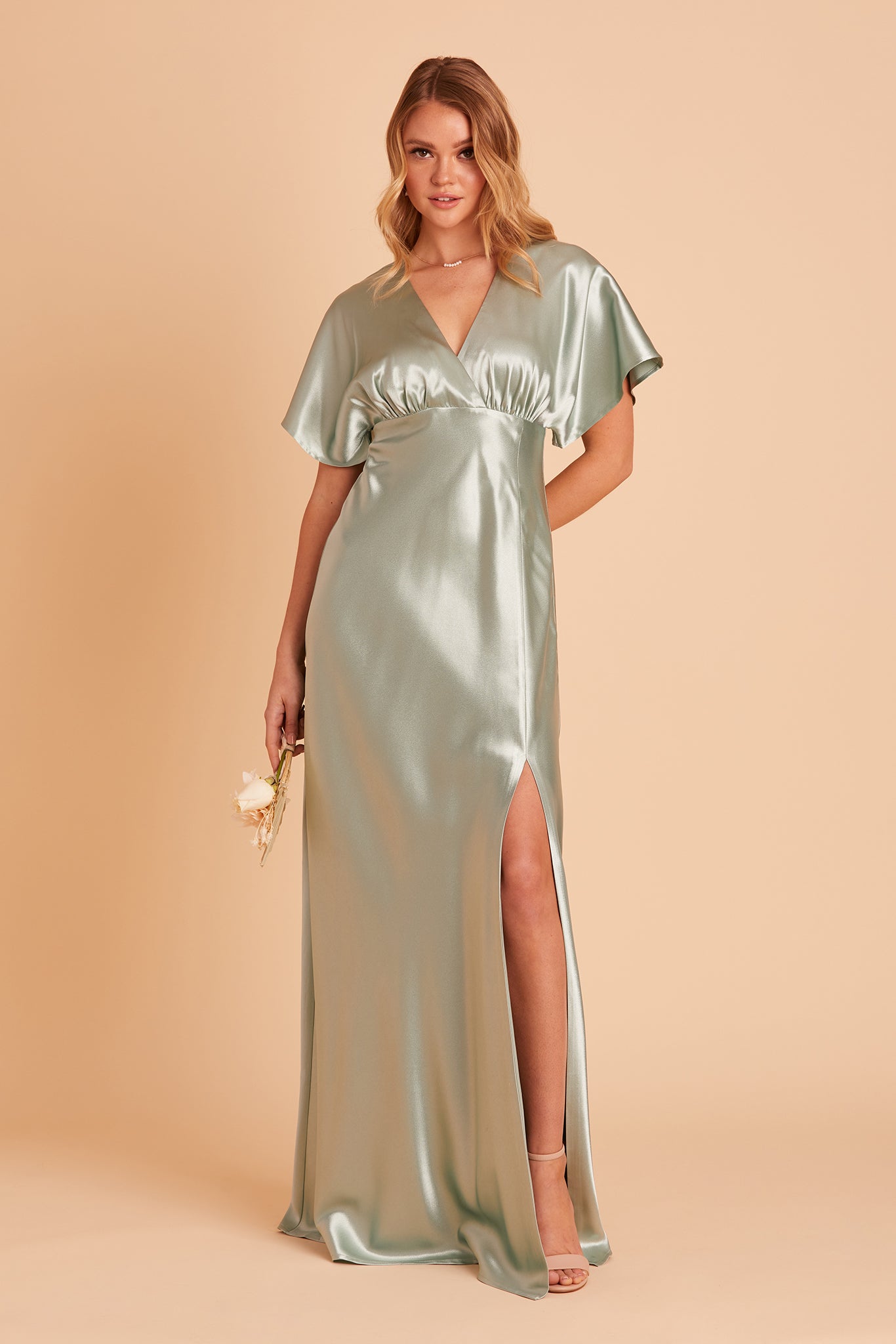 Jesse bridesmaid dress with slit in sage satin by Birdy Grey, front view