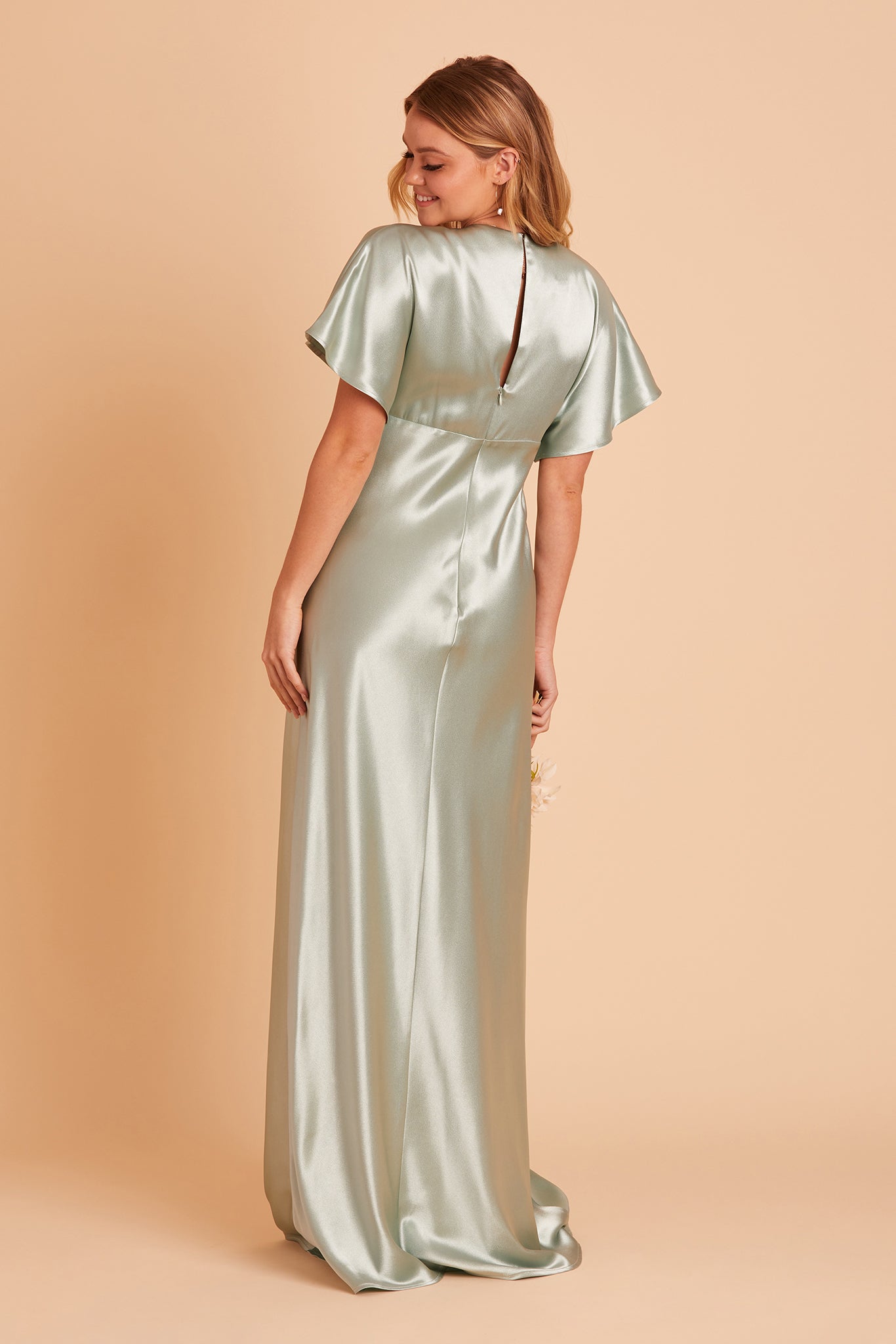 Jesse bridesmaid dress with slit in sage satin by Birdy Grey, back view