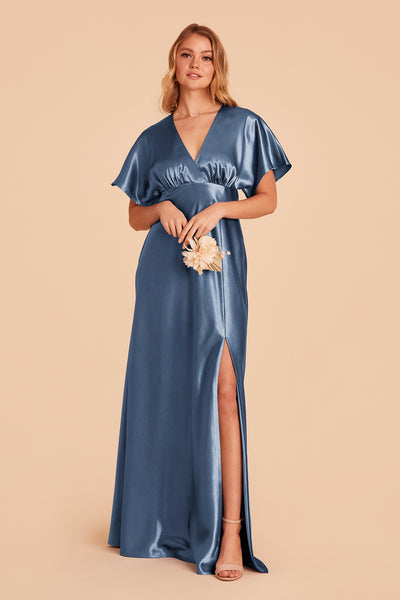 Jesse bridesmaid dress with slit in twilight satin by Birdy Grey, front view