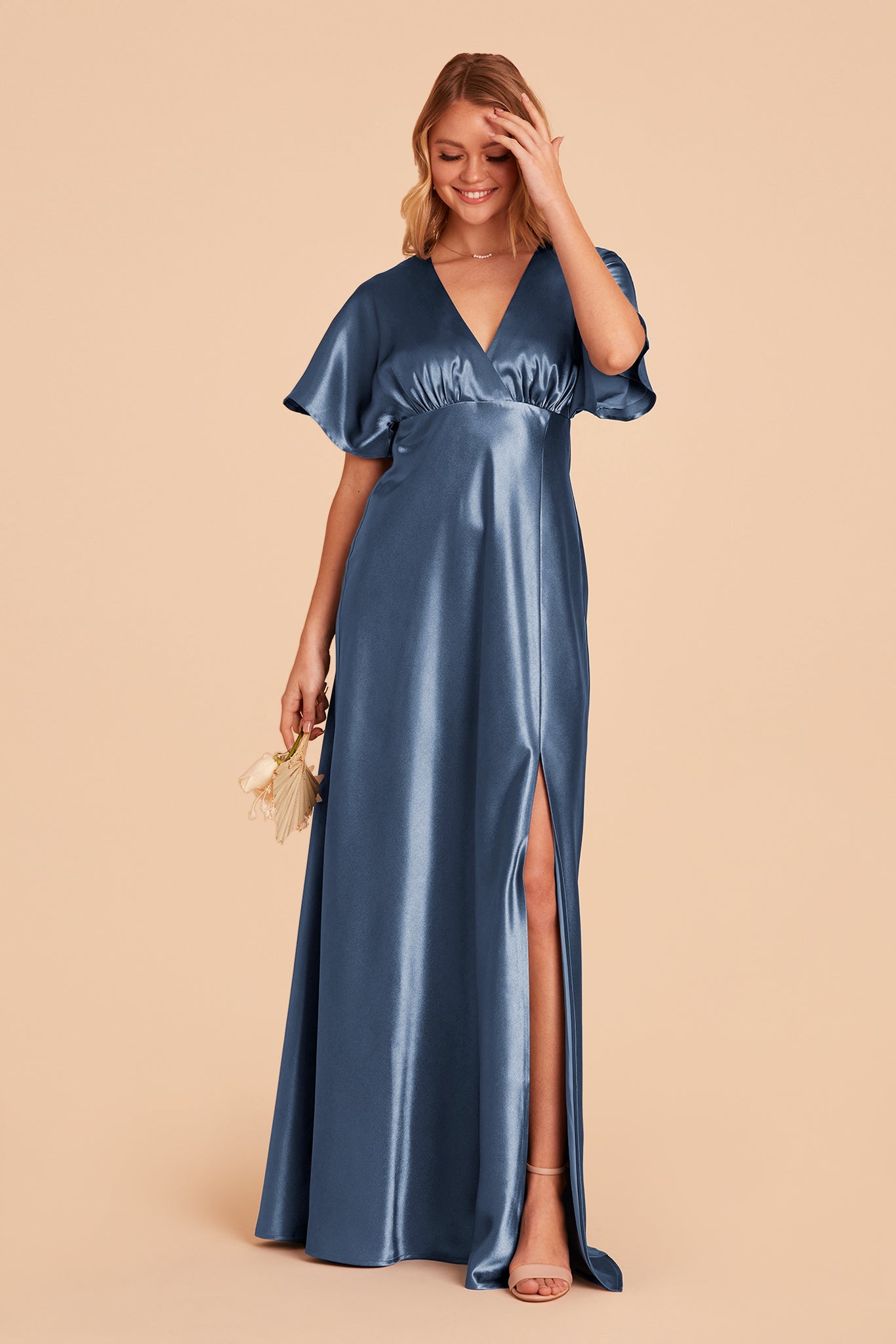 Jesse bridesmaid dress with slit in twilight satin by Birdy Grey, front view