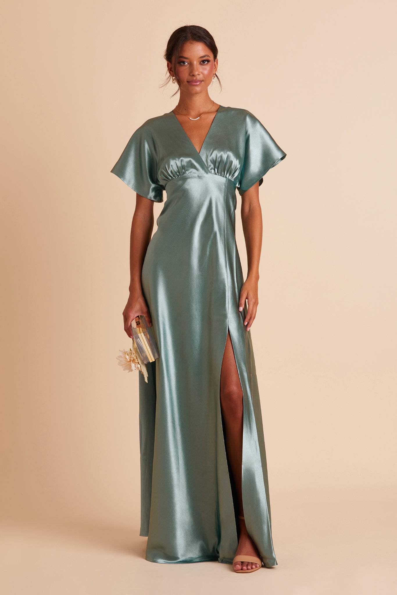 Jesse bridesmaid dress with slit in sea glass green satin by Birdy Grey, front view