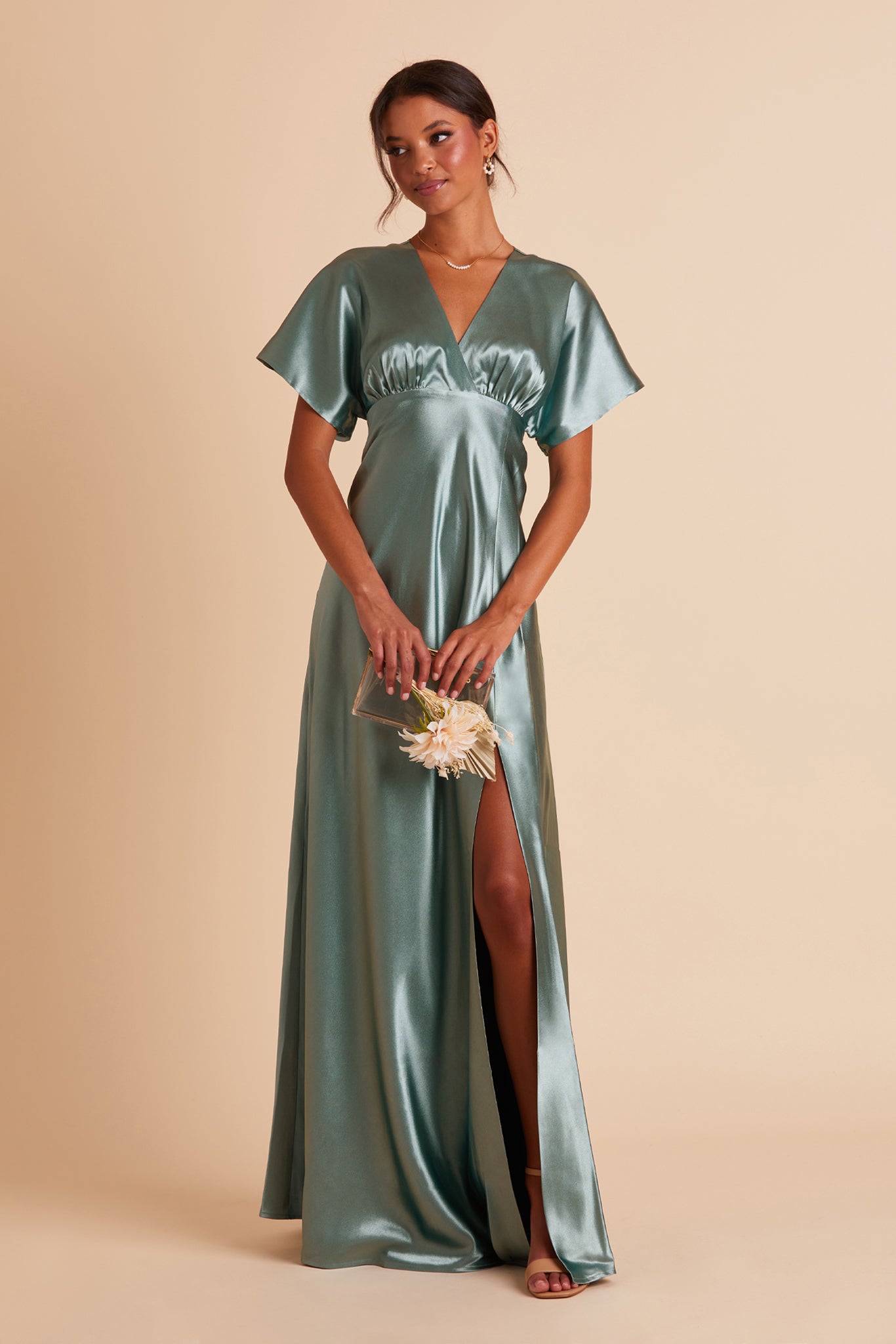 Jesse bridesmaid dress with slit in sea glass green satin by Birdy Grey, front view