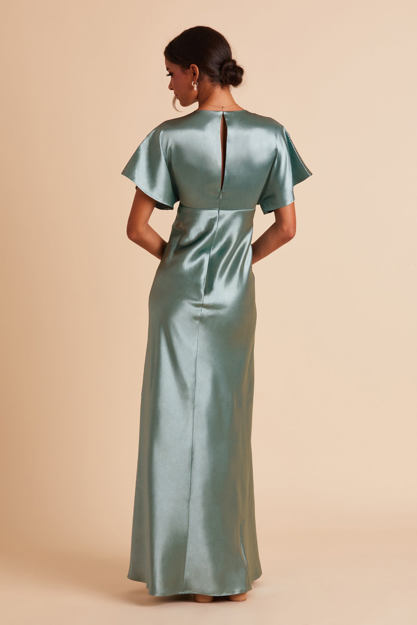Jesse bridesmaid dress with slit in sea glass green satin by Birdy Grey, back view