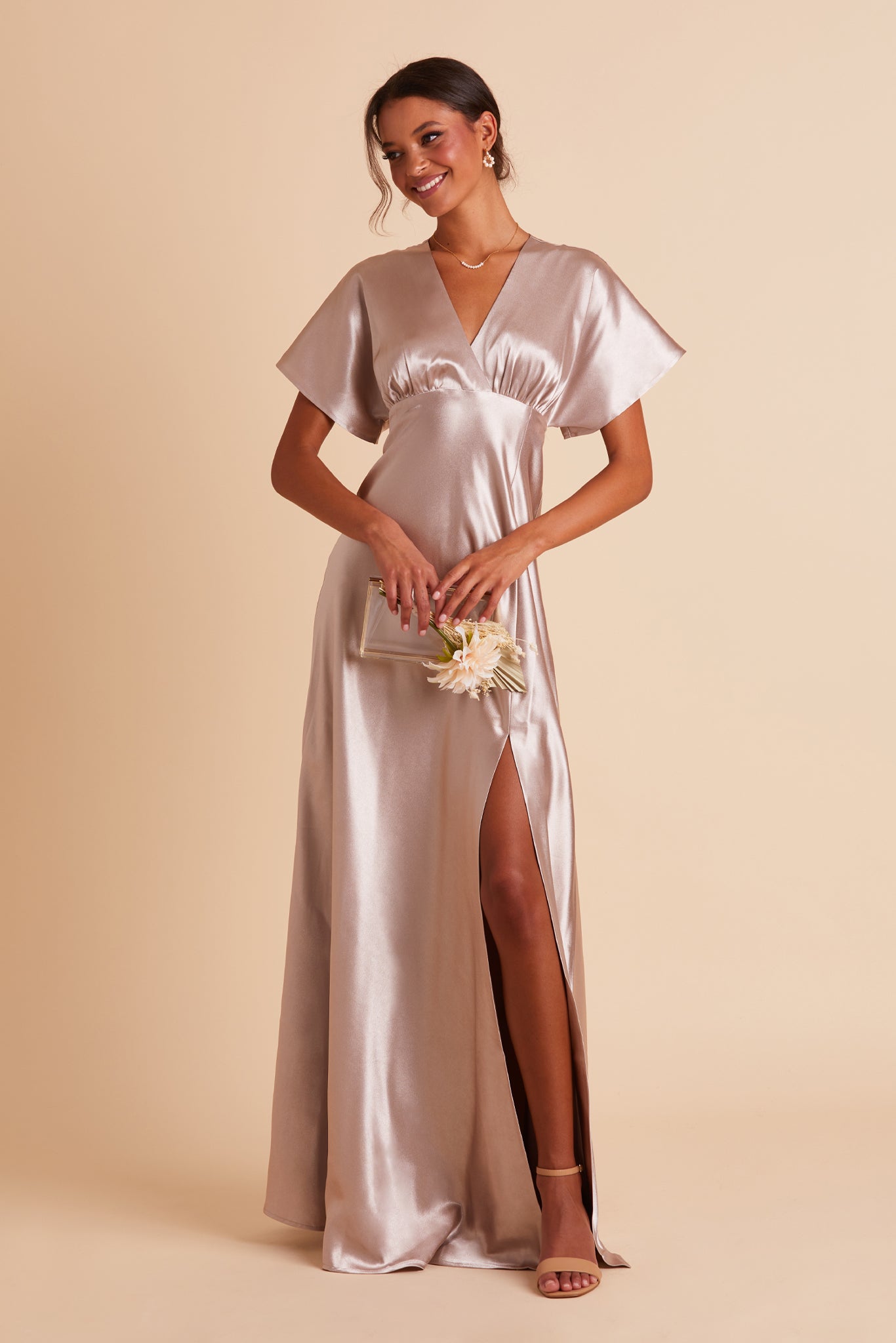 Jesse bridesmaid dress with slit in taupe satin by Birdy Grey, front view