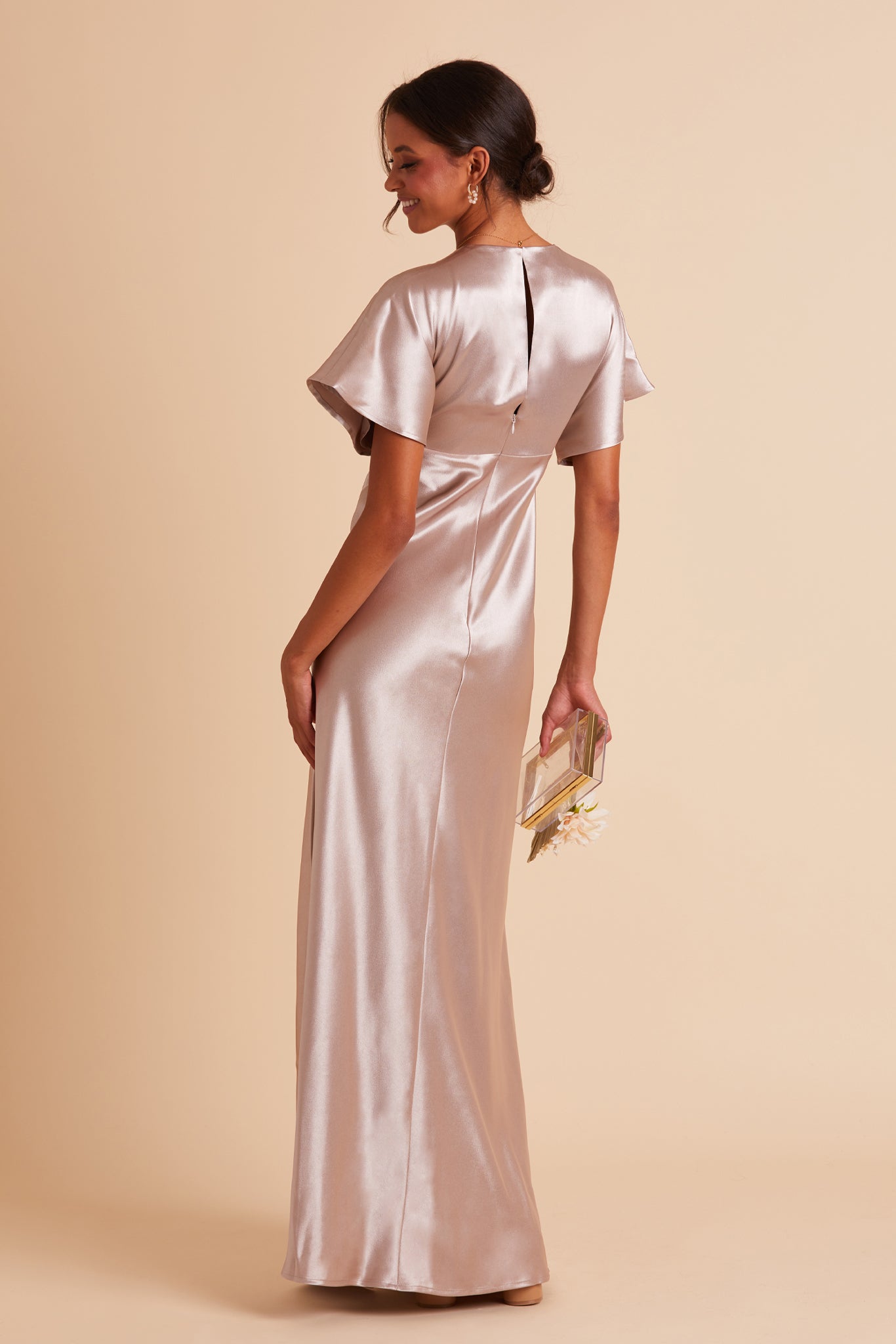 Jesse bridesmaid dress with slit in taupe satin by Birdy Grey, back view