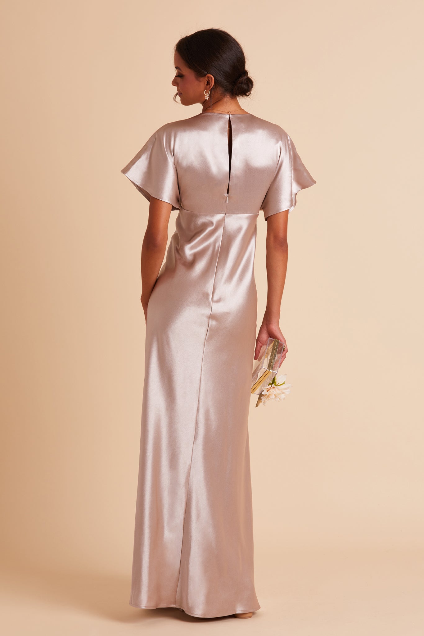 Jesse bridesmaid dress with slit in taupe satin by Birdy Grey, back view