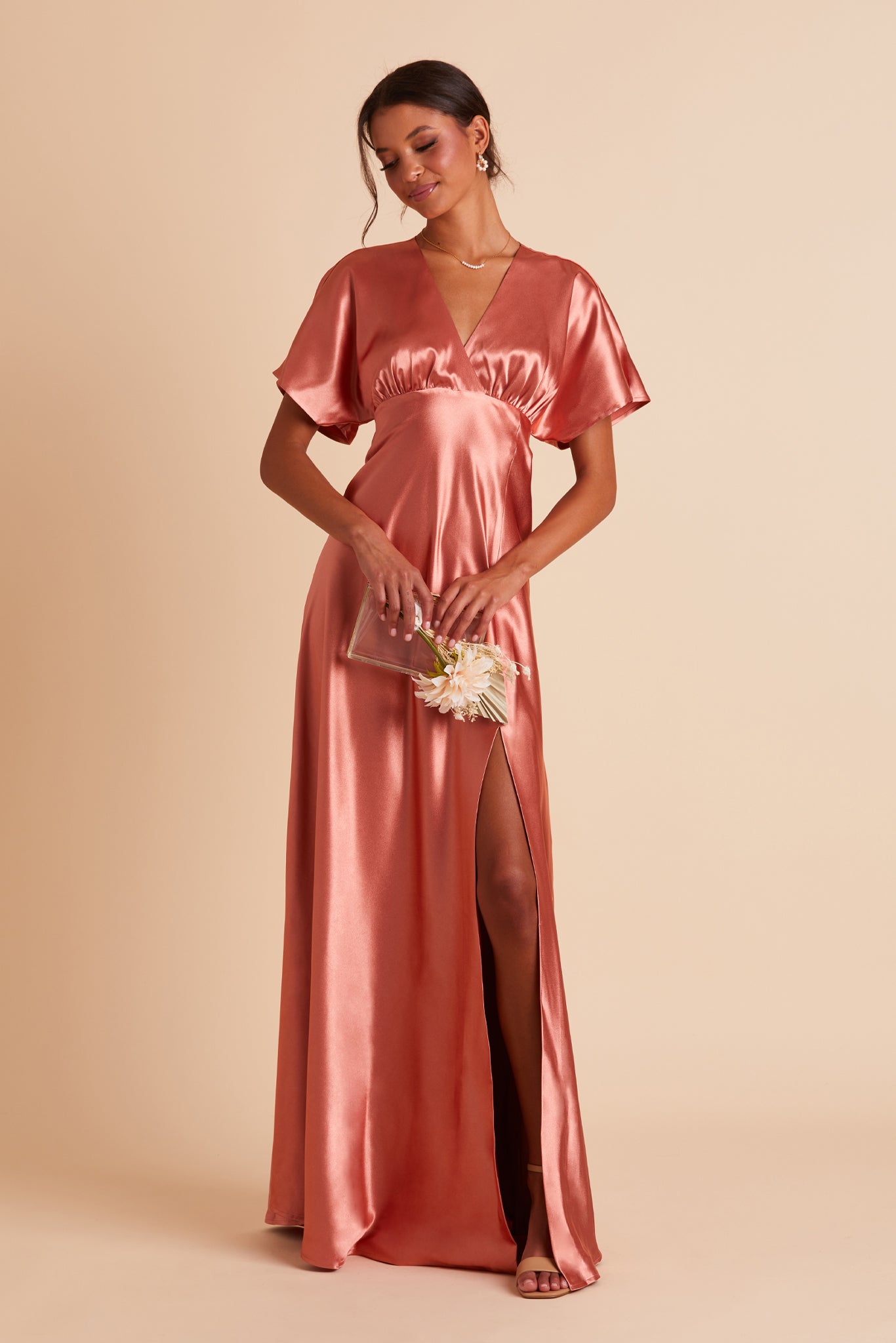 Jesse bridesmaid dress with slit in terracotta satin by Birdy Grey, front view